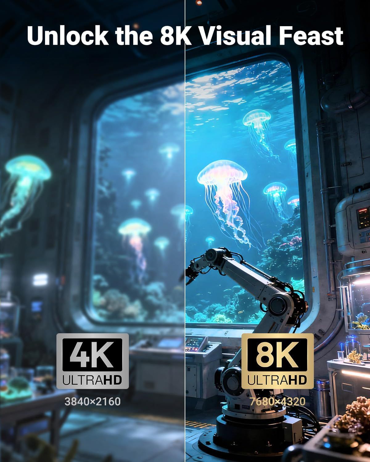 Demonstrates the superior visual clarity and detail of 8K resolution compared to 4K through a side-by-side comparison, showing the sharper image quality on the right versus the blurred version on…