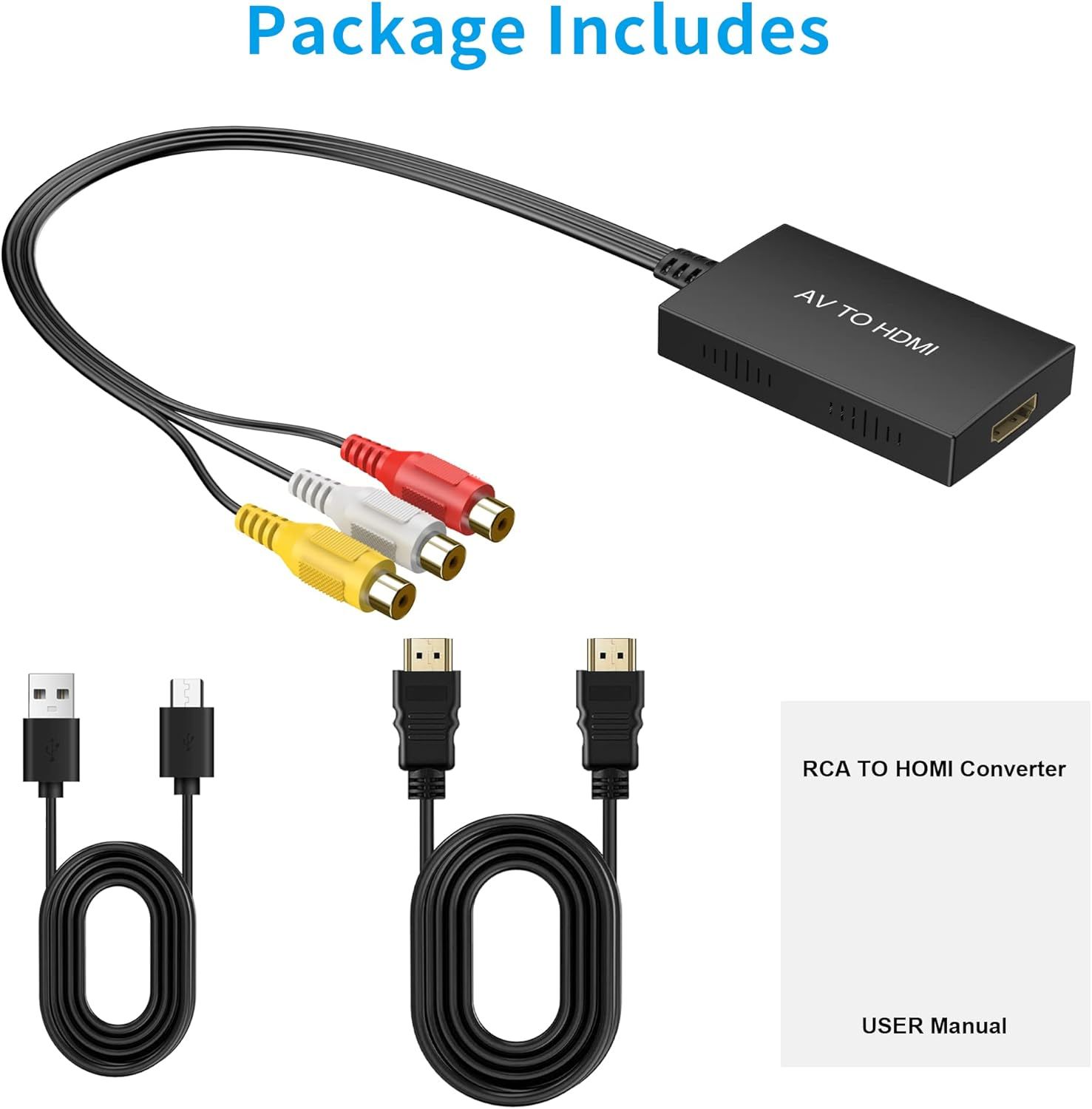 Shows all items included in the package (AV to HDMI converter, RCA cable, USB cable, HDMI cable, and user manual) to set clear expectations for what the customer receives.
