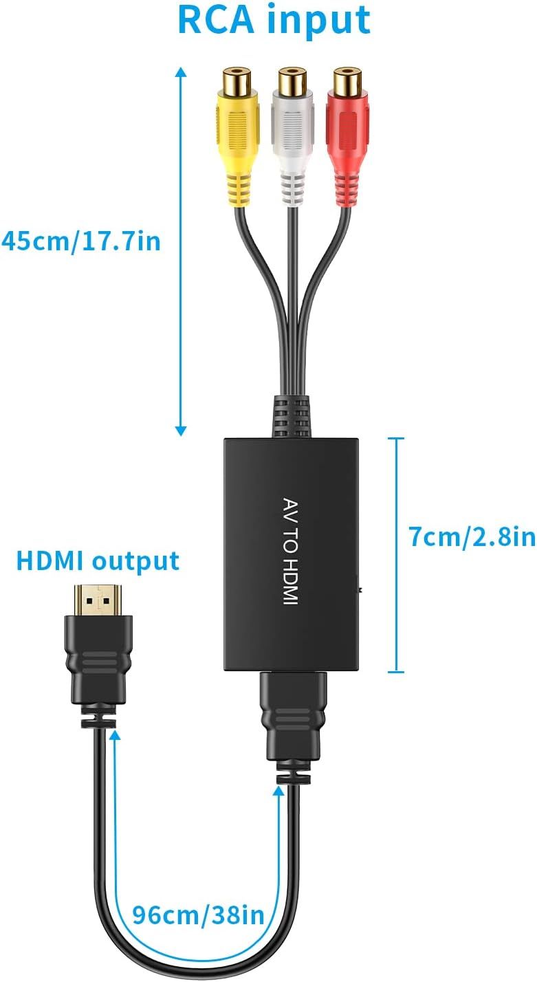 Communicates the physical dimensions of the AV to HDMI converter and cable lengths to help shoppers understand the product's size and reach for their setup needs.
