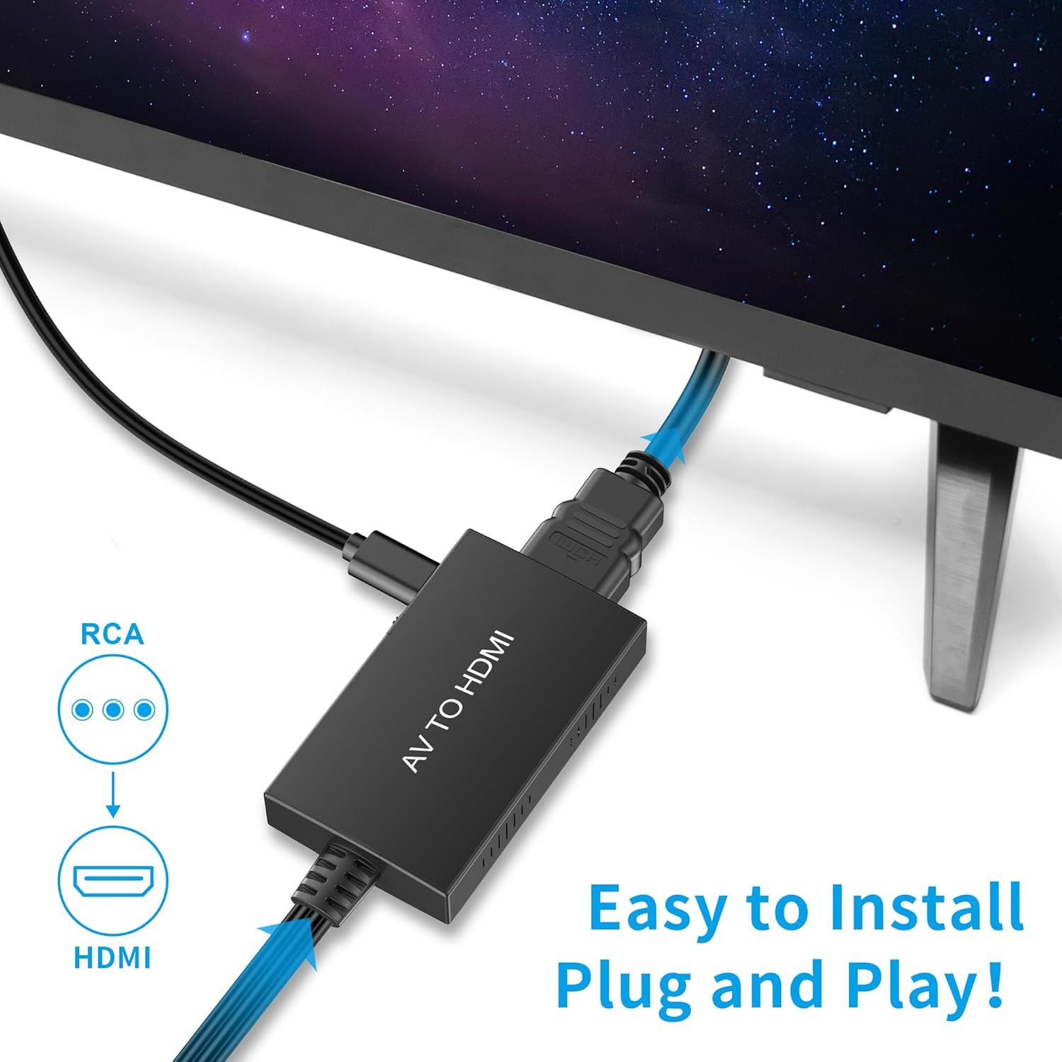 Demonstrates the simple plug-and-play installation process, showing how the AV to HDMI converter connects RCA cables to HDMI, reassuring shoppers that setup requires no technical expertise.…