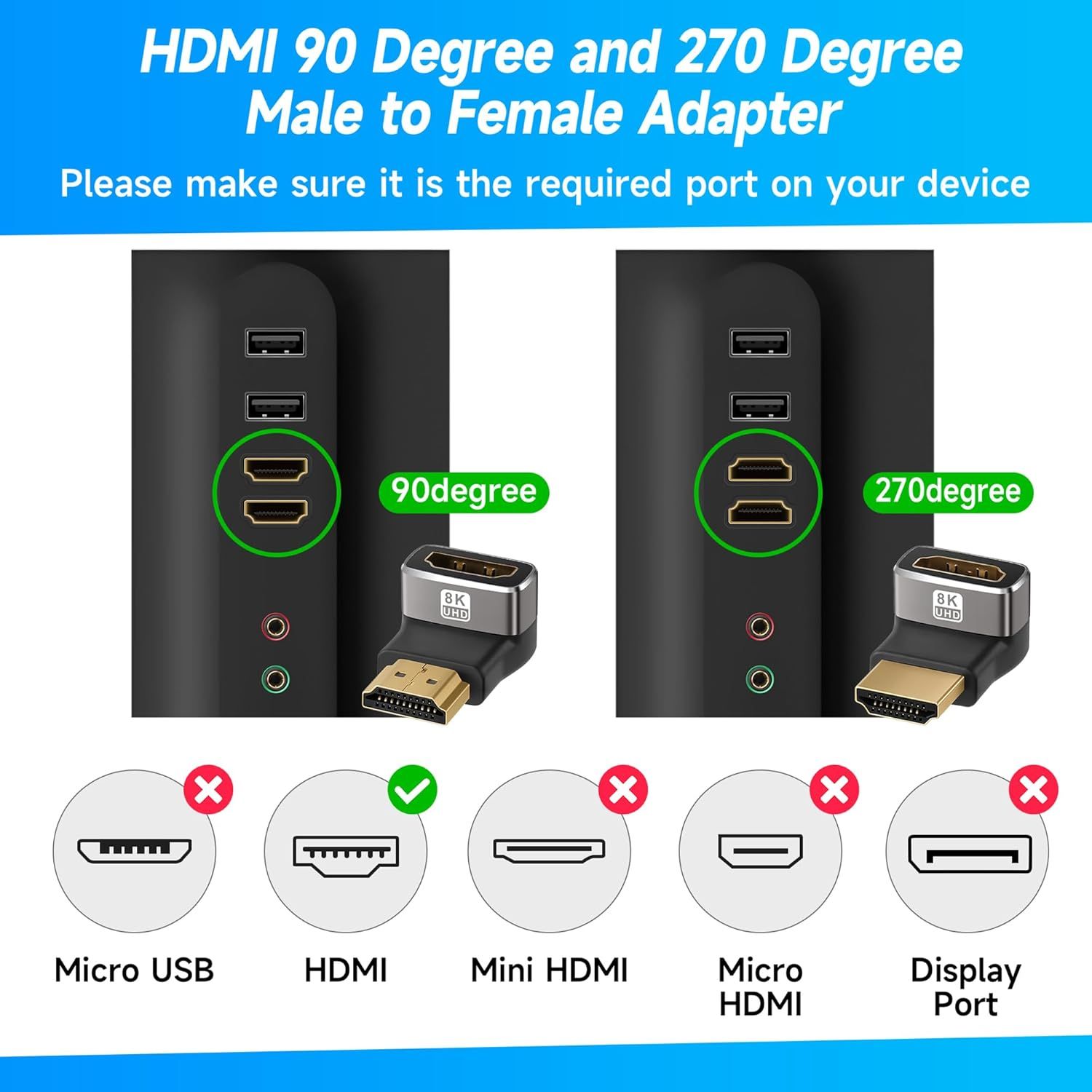 Demonstrates which port types the HDMI adapter is compatible with and shows the two different angle orientations available, helping shoppers verify compatibility with their specific device setup.