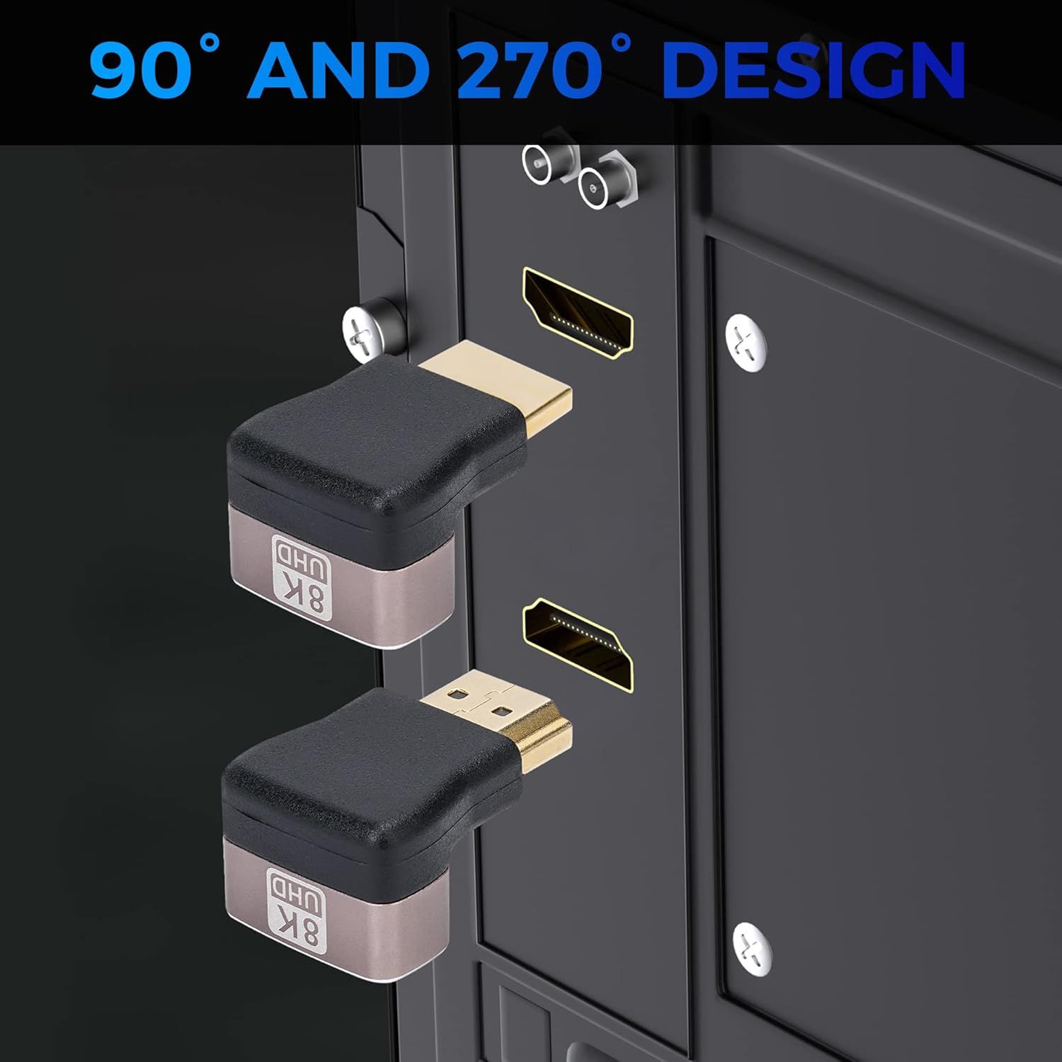 Demonstrates the product's angled connector design that allows HDMI cables to fit in tight spaces behind TVs or wall-mounted devices, solving cable management issues.