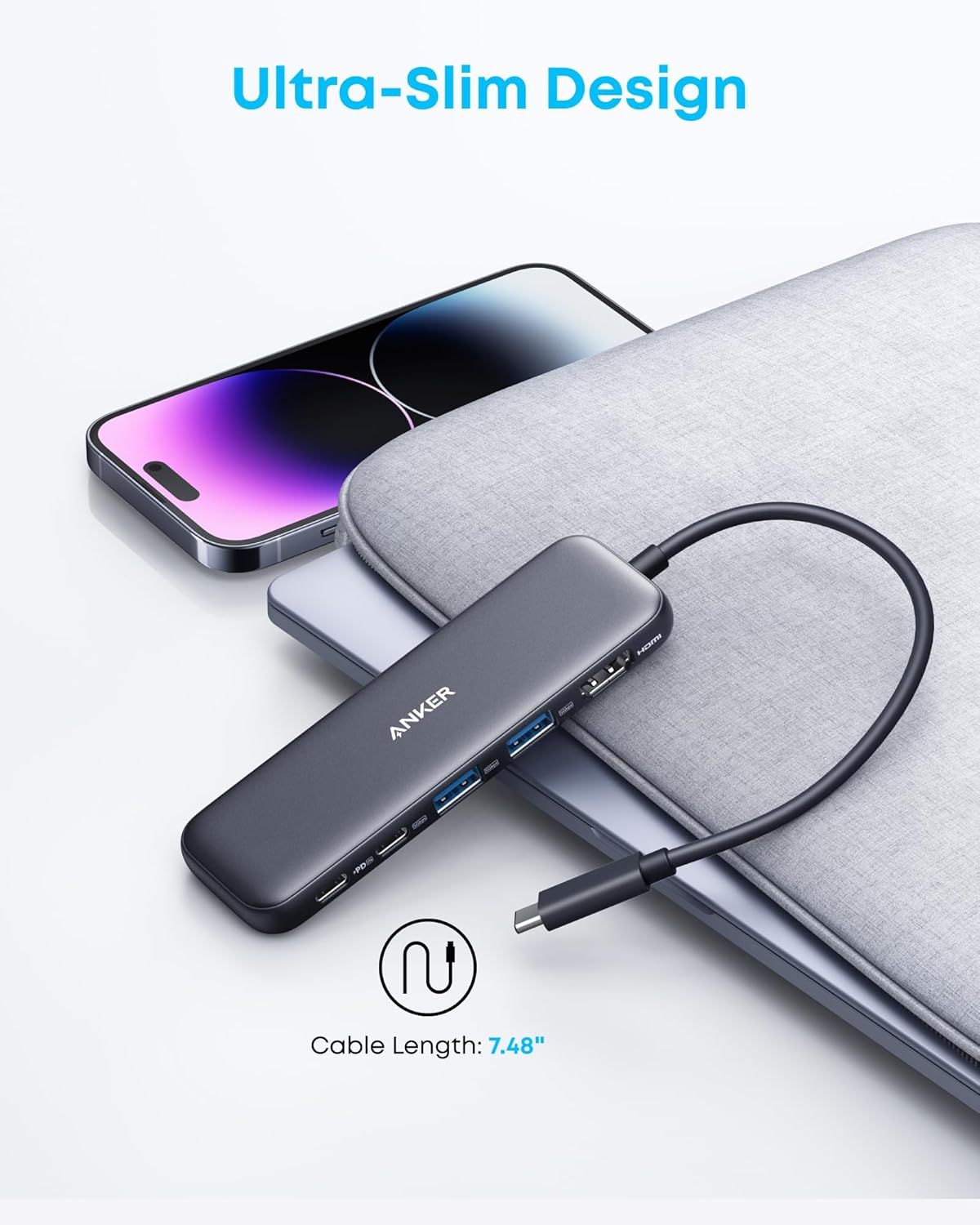 Communicates the product's sleek, ultra-slim design as a key benefit, emphasizing portability and modern aesthetics for shoppers seeking a space-saving, travel-friendly hub. Provides the exact cable…