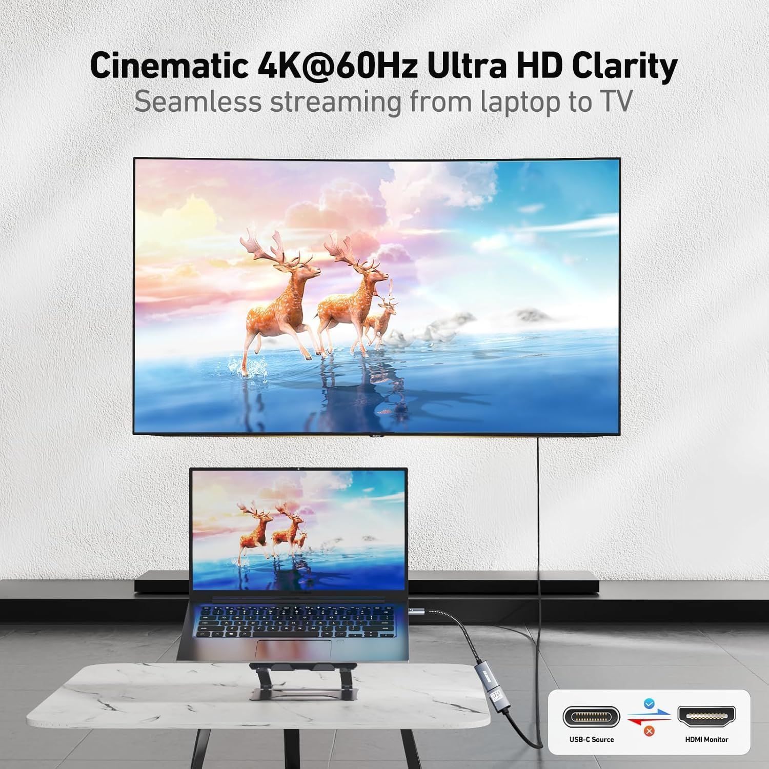 Communicates the high-performance video specification (4K resolution at 60Hz) to reassure shoppers of superior streaming quality from laptop to TV. Demonstrates the product's ability to enable…