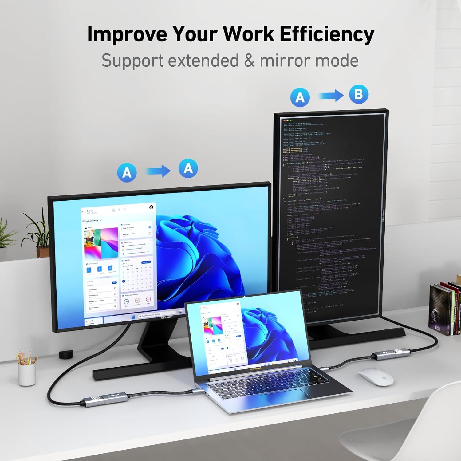 Demonstrates the product's ability to support multiple display configurations (extended and mirror mode) to improve work efficiency and productivity across different devices and monitors.…