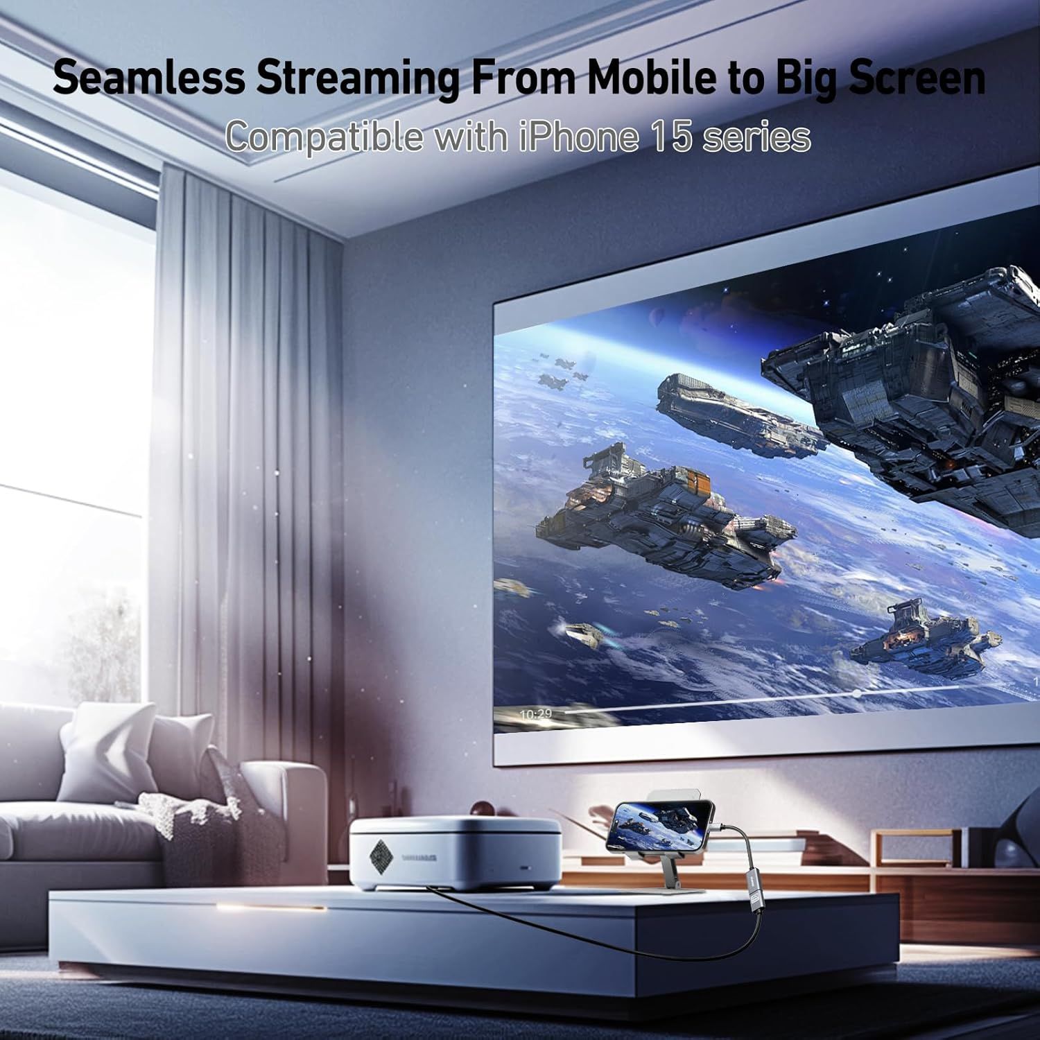 Demonstrates the product's ability to seamlessly stream content from mobile devices (specifically iPhone 15 series) to large screens, showing the practical application in a home entertainment…