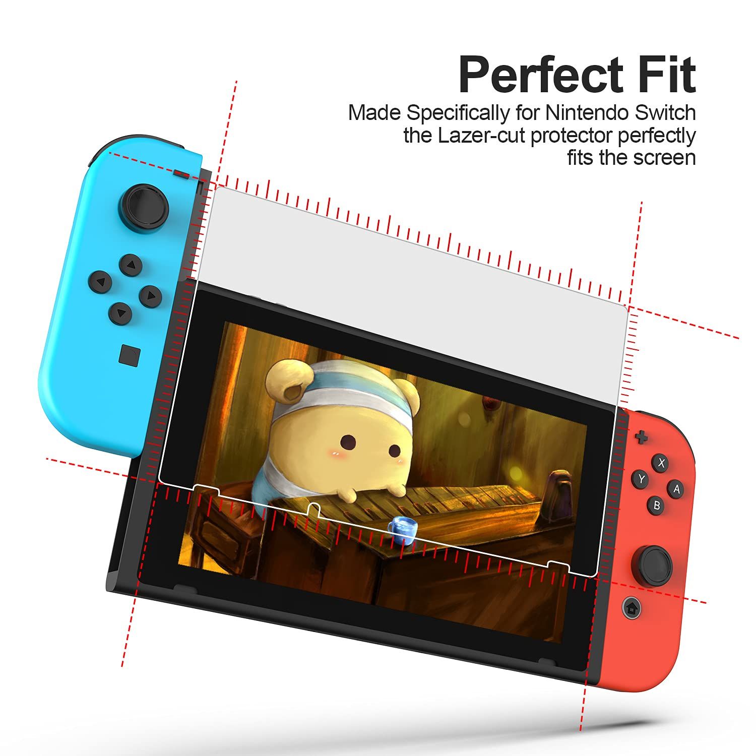 Communicates that the screen protector is laser-cut to perfectly fit the Nintendo Switch screen, reassuring shoppers of precise compatibility and full coverage.