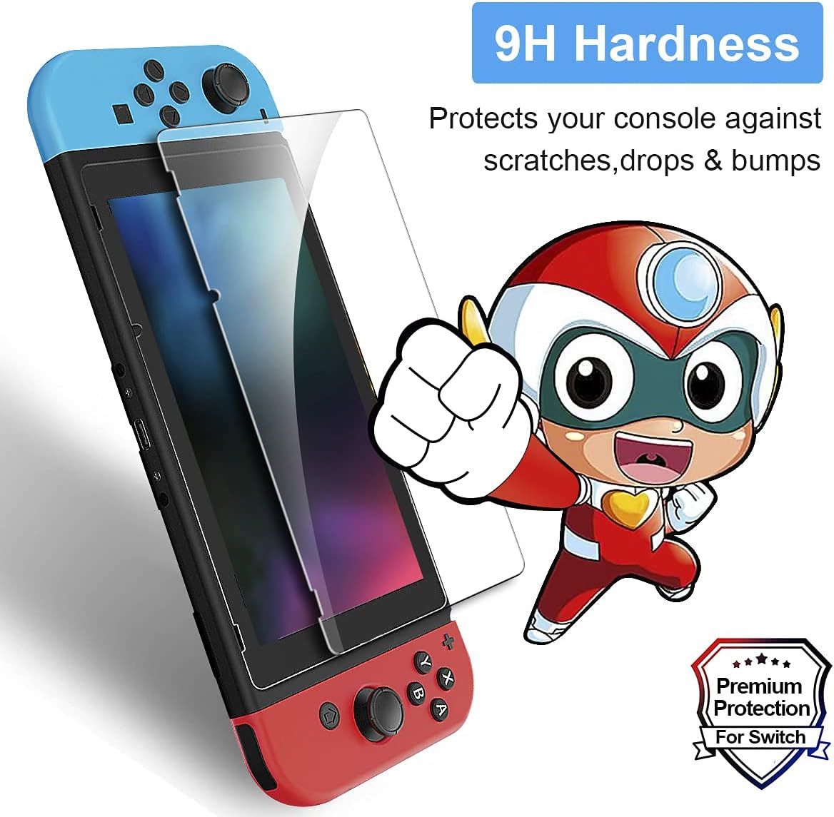 Communicates that the screen protector offers 9H hardness to protect the gaming console against scratches, drops, and bumps, reassuring shoppers of its durability and protective capability.