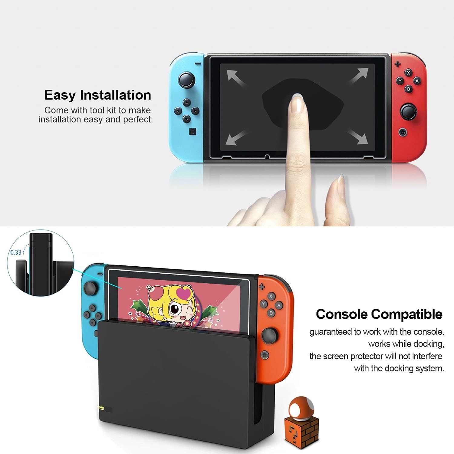 Communicates two distinct benefits of the screen protector: ease of installation with included tools and compatibility with the console docking system.