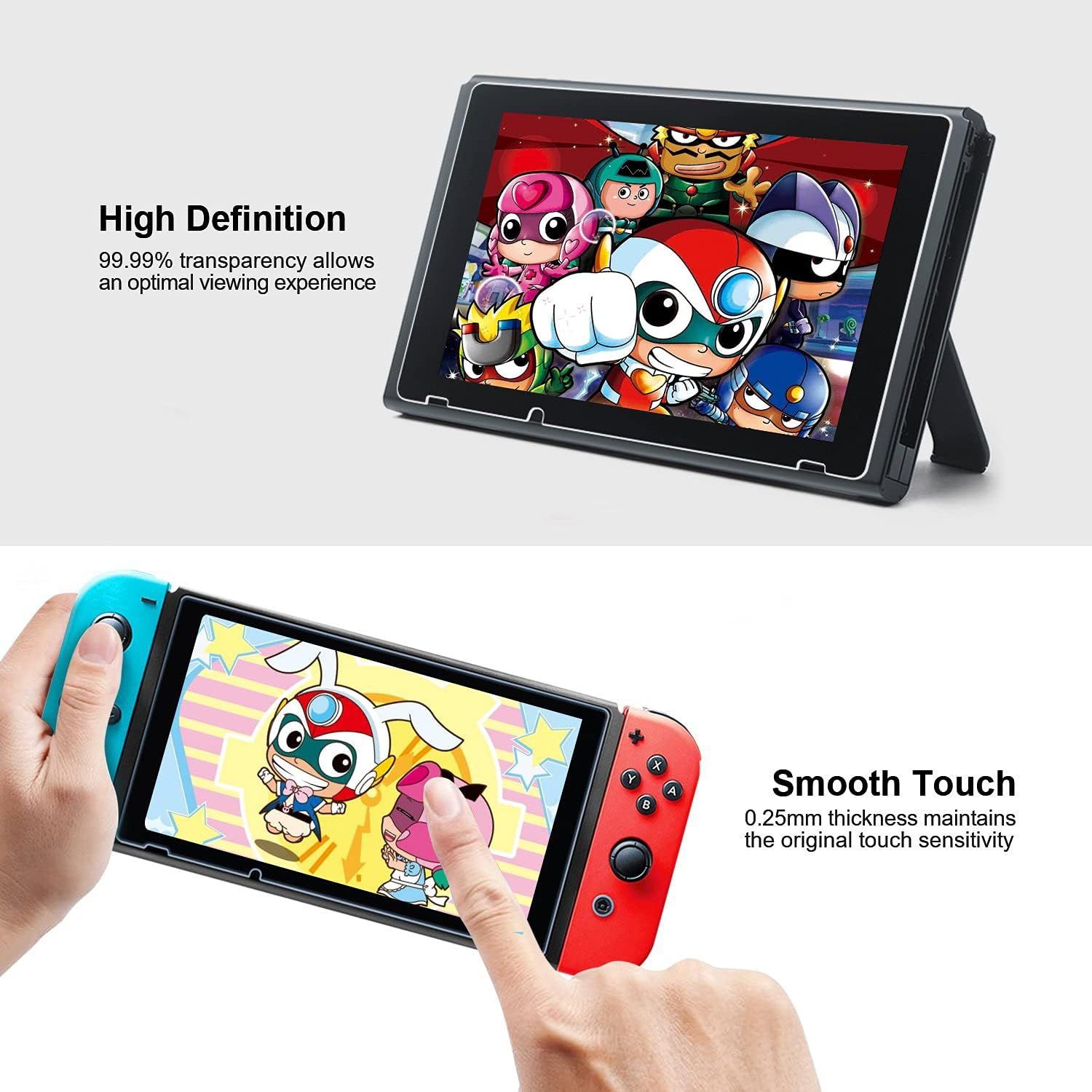 Communicates two distinct product benefits in a segmented layout: the screen protector's high transparency for optimal viewing and its thin design for maintaining touch sensitivity.