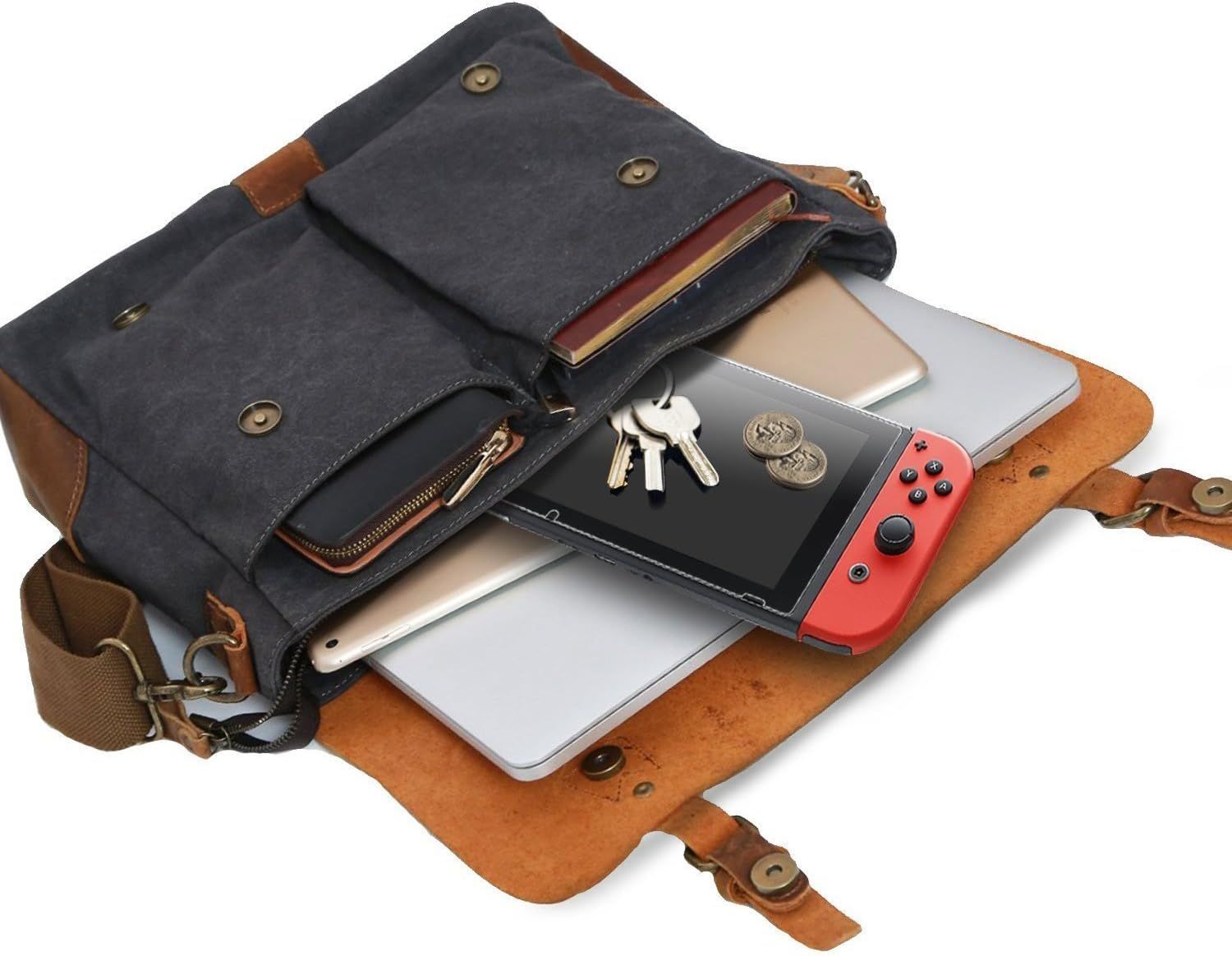 Demonstrates what the bag can hold and how it organizes various items including electronics, keys, wallet, and gaming devices to show its capacity and practical everyday use.