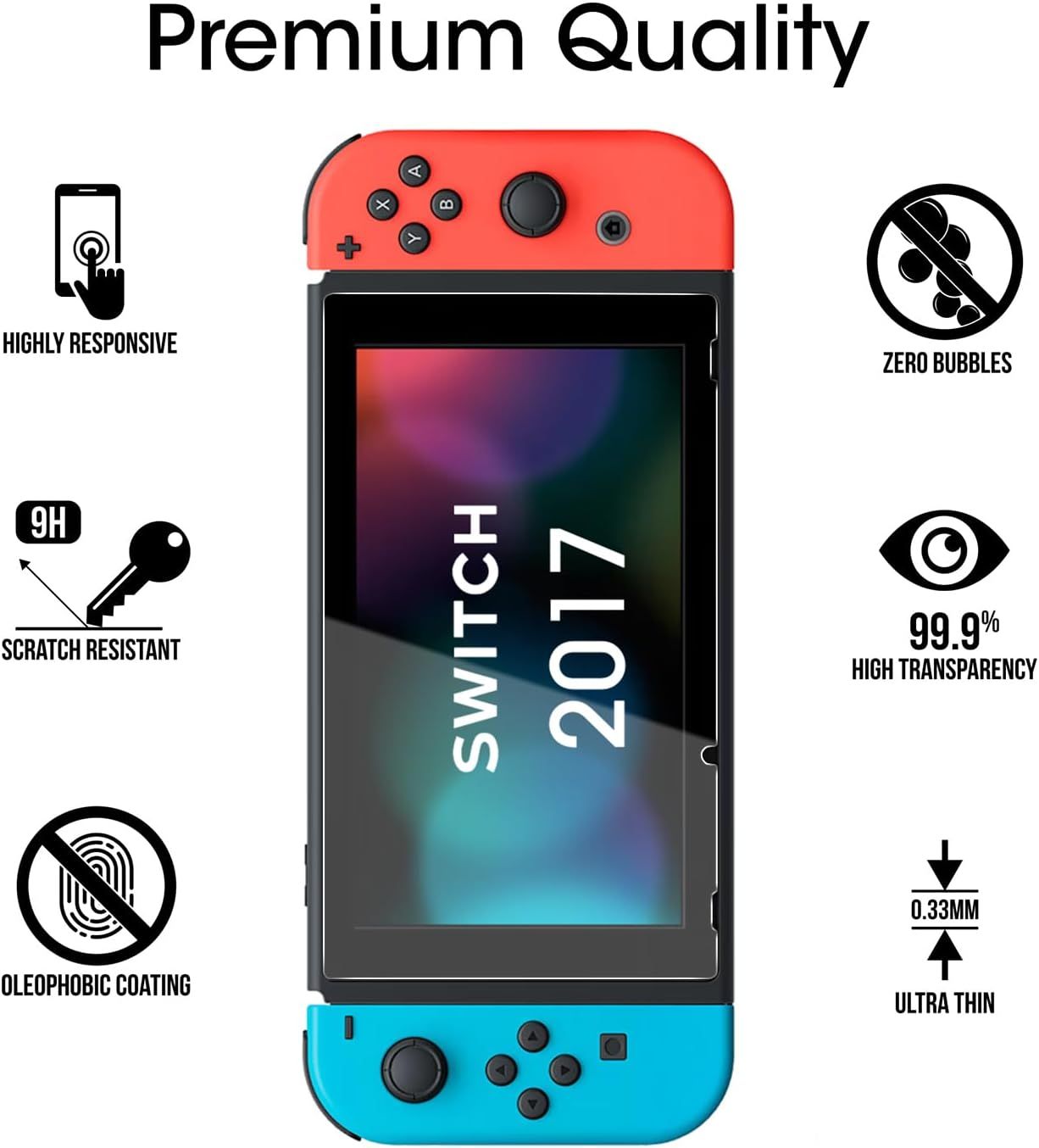 Communicates multiple technical benefits of a screen protector for Nintendo Switch 2017, emphasizing quality features like responsiveness, clarity, durability, and thinness to reassure shoppers of…