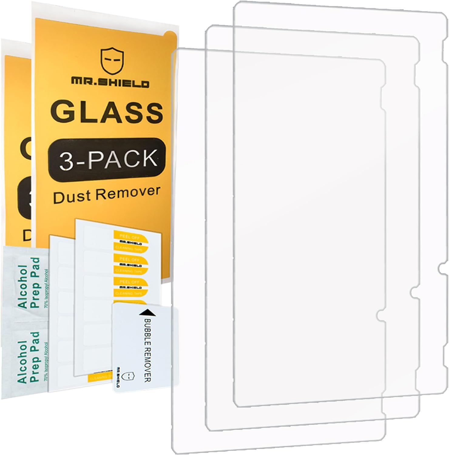 Shows shoppers everything included in the package—three glass screen protectors plus installation accessories—to communicate value and completeness of the kit.