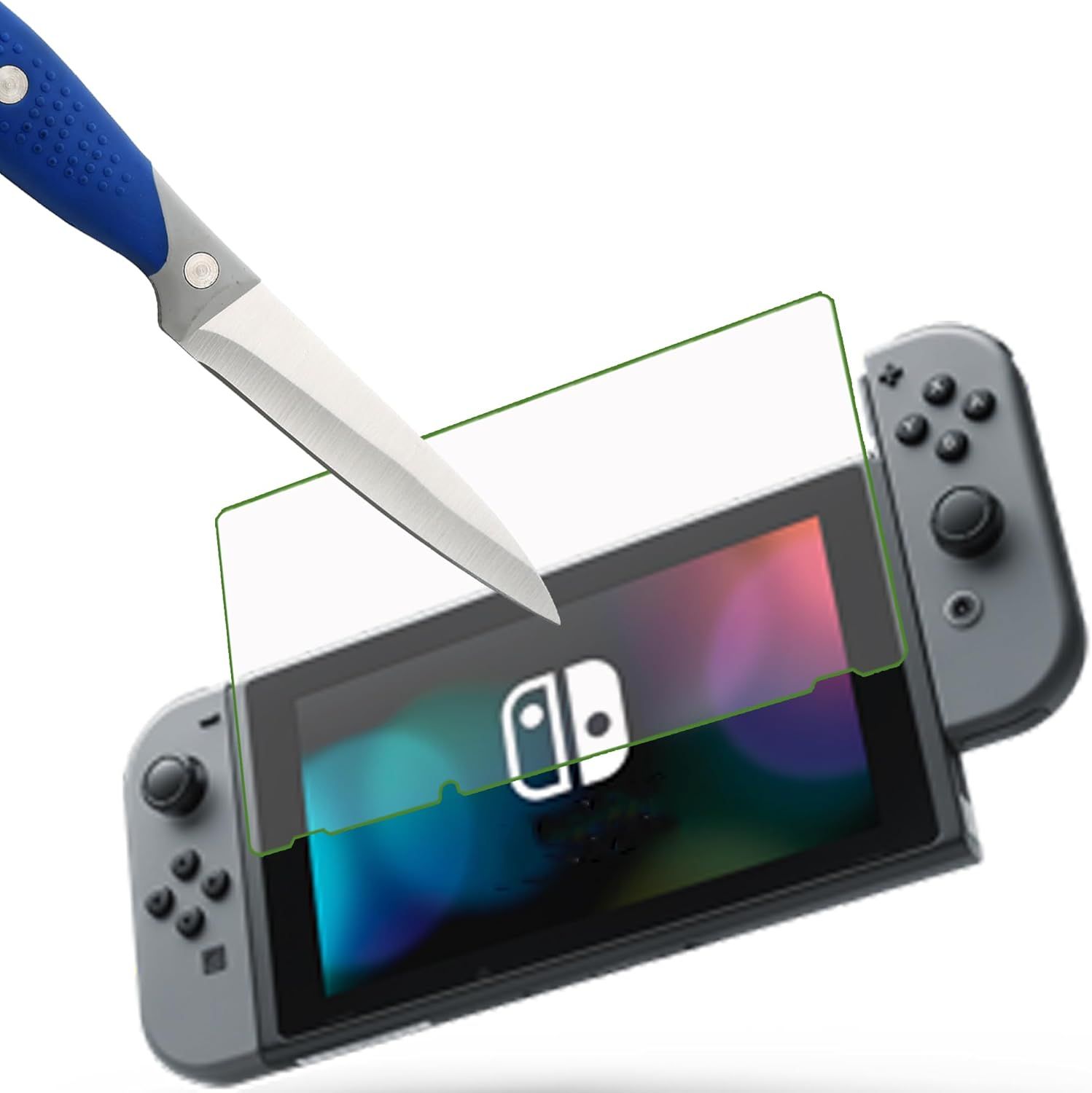 Demonstrates the screen protector's durability and scratch-resistance by showing a knife failing to damage the protected screen, reassuring shoppers of its protective quality.