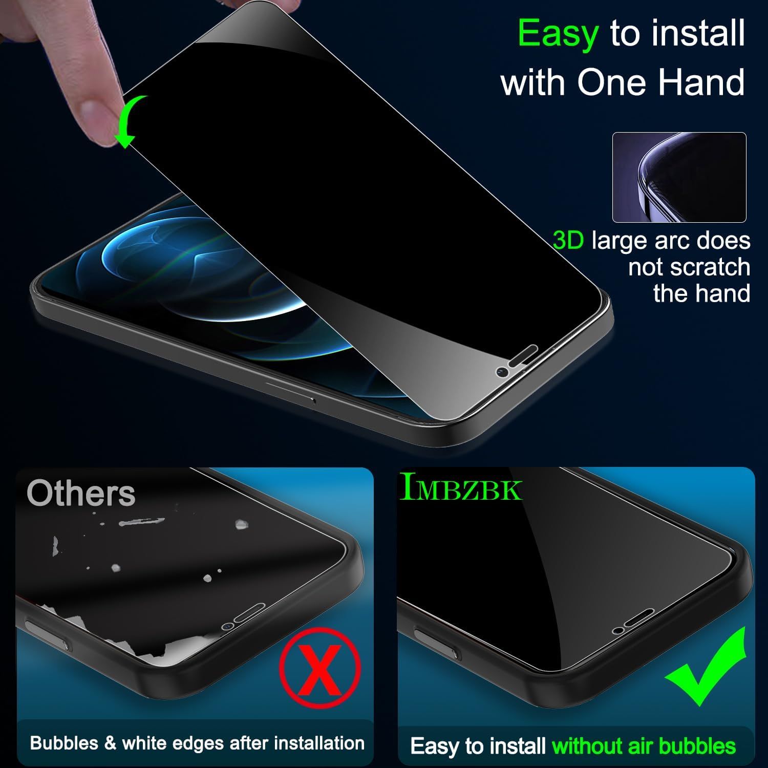 Demonstrates the superiority of this screen protector over competitors by showing easy one-handed installation, bubble-free application, and 3D curved edges that don't scratch the hand. Shows…