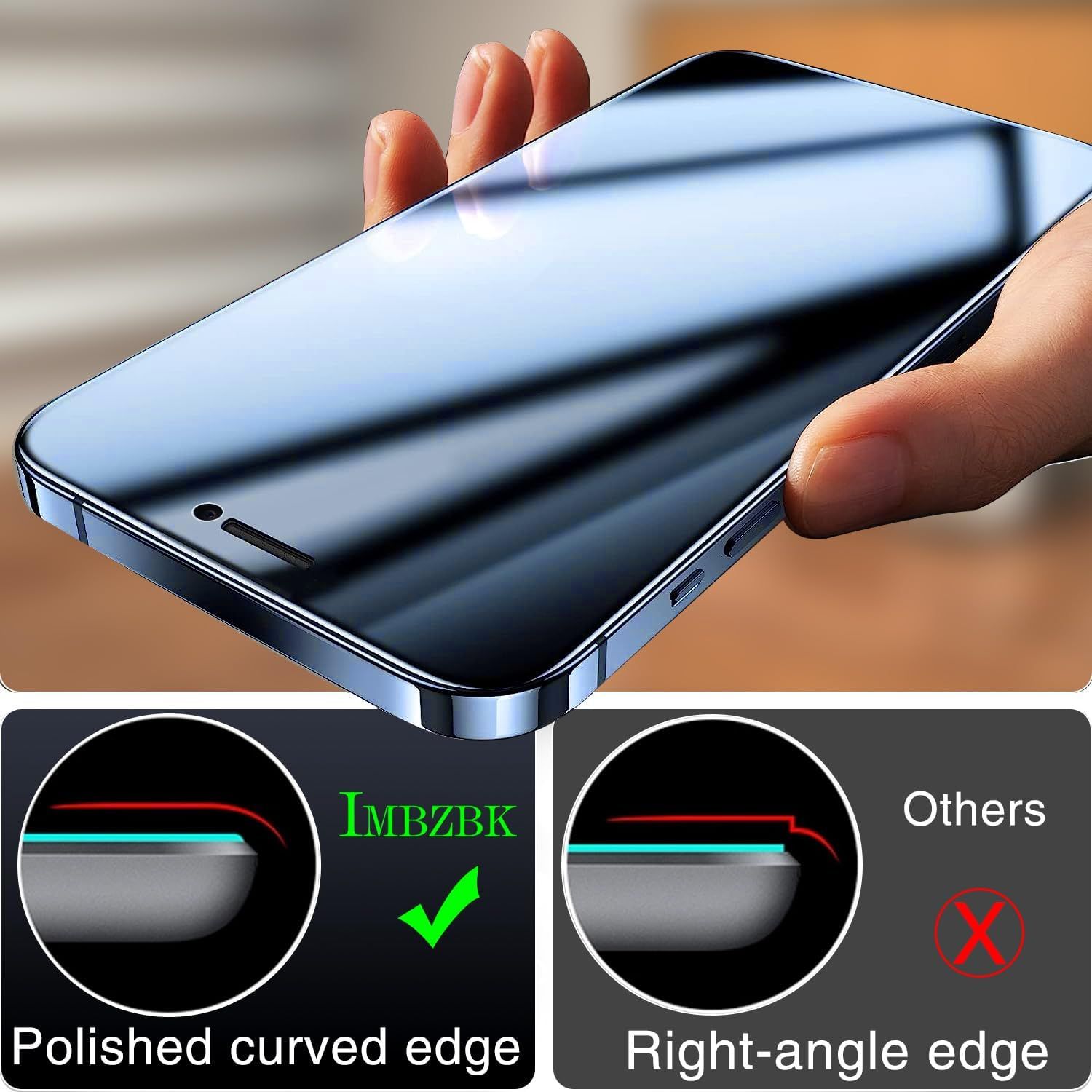 Demonstrates the superior design quality of this brand's screen protector with polished curved edges compared to competitors with right-angle edges, reassuring shoppers of better fit and finish.