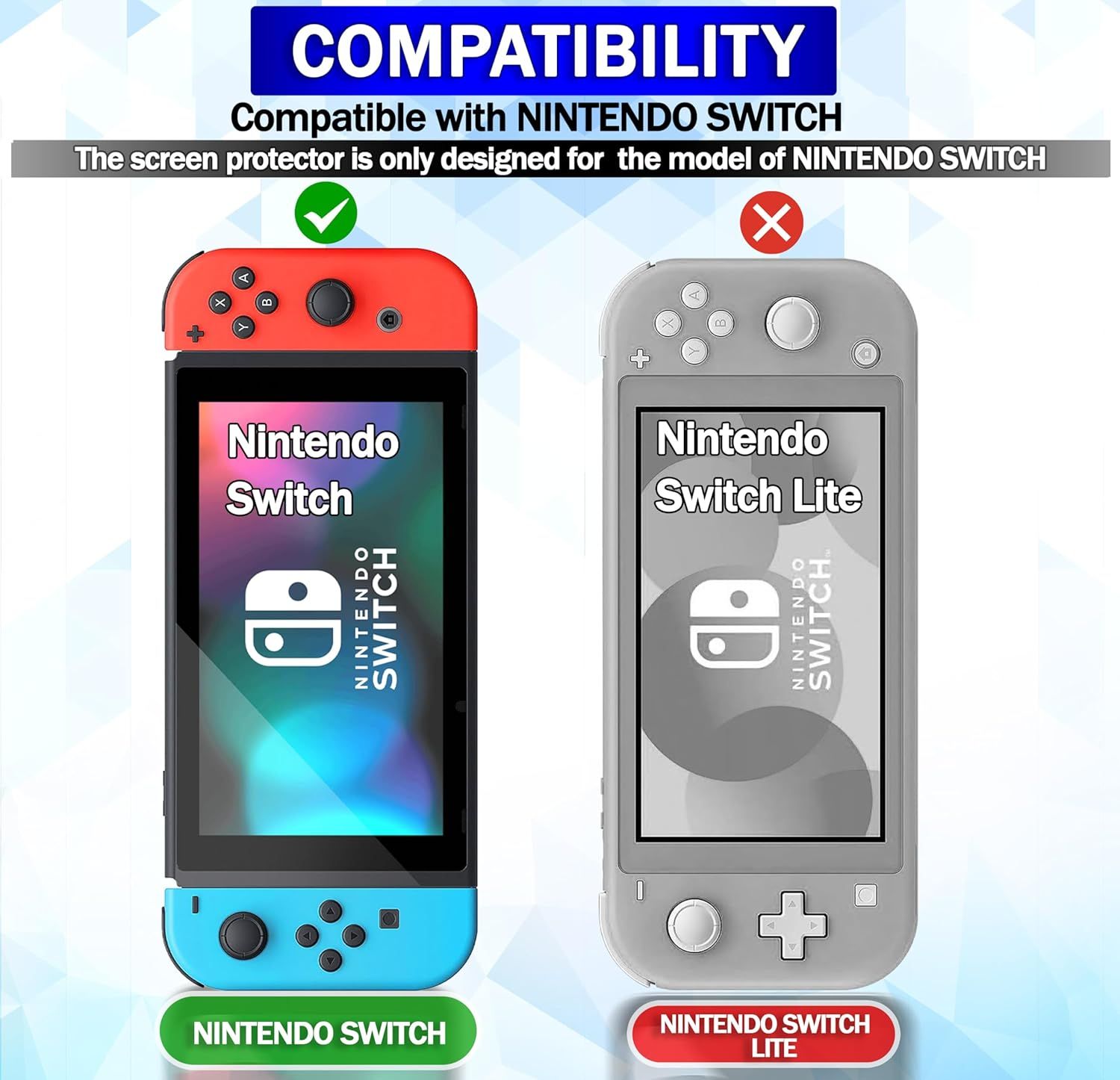Clarifies which Nintendo Switch models the screen protector is compatible with (standard Switch) and which it is not (Switch Lite), helping shoppers avoid purchasing the wrong product.