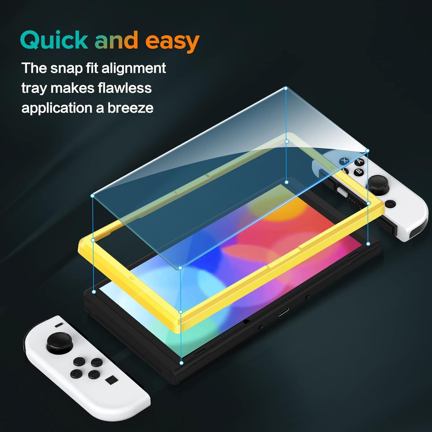 Communicates that the screen protector's alignment tray makes application quick, easy, and flawless, reducing shopper anxiety about installation difficulty.