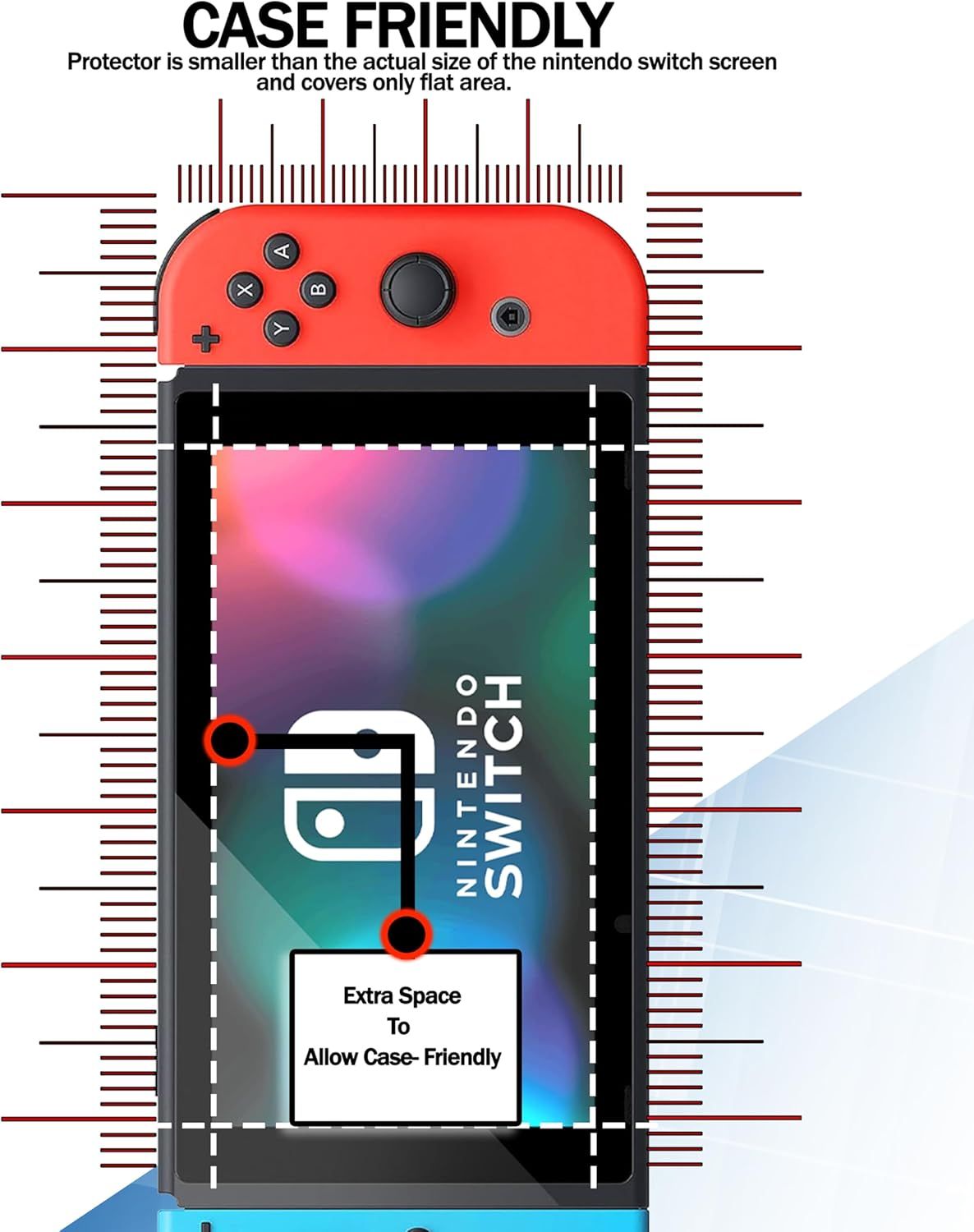 Demonstrates that the screen protector is intentionally smaller than the full screen to ensure compatibility with protective cases, addressing a common shopper concern about fit.