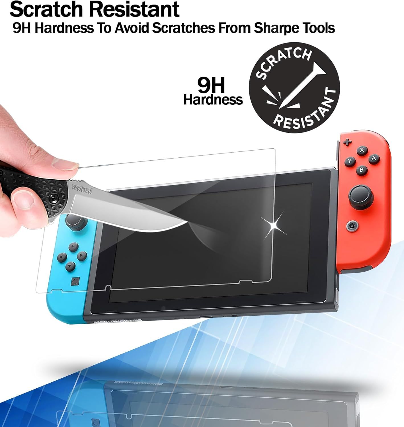 Communicates the screen protector's scratch resistance using a quantifiable hardness rating (9H) to reassure shoppers that it will protect their device from sharp tools and everyday damage.…