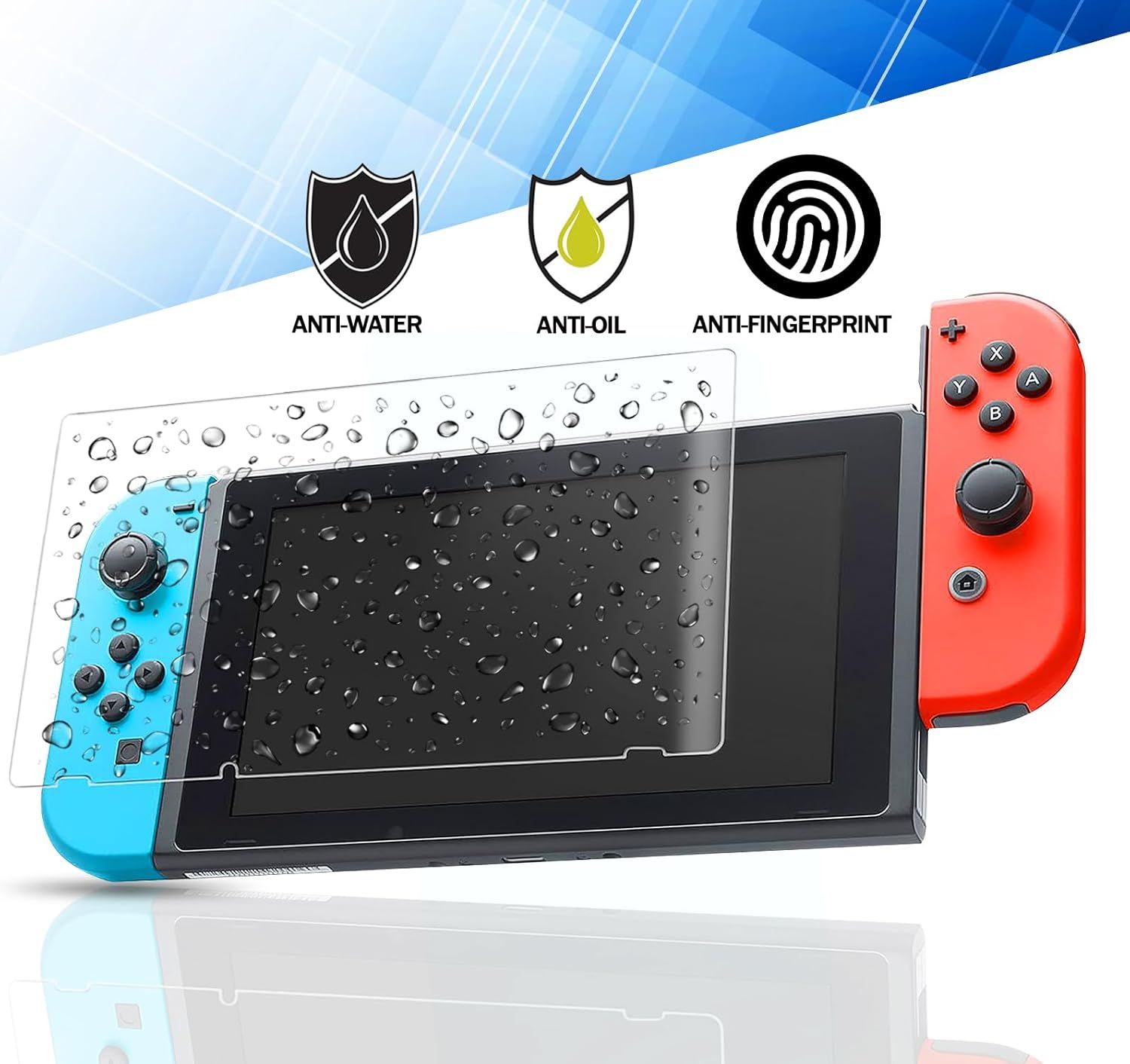 Communicates that the screen protector offers three distinct protective benefits: water resistance, oil resistance, and fingerprint resistance, reassuring shoppers of comprehensive screen protection.
