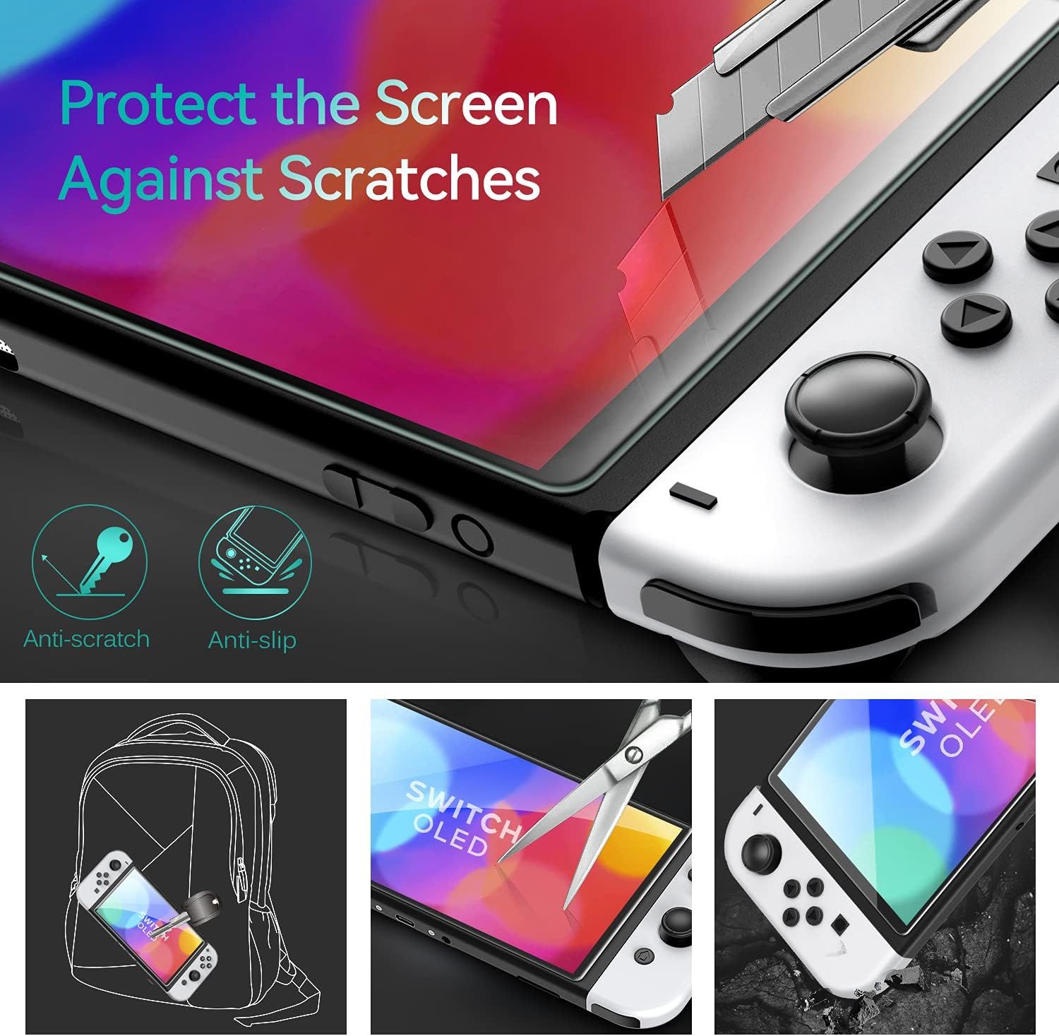 Communicates multiple protective benefits of the screen protector including scratch resistance, anti-slip properties, portability, and durability through a segmented visual layout with distinct…