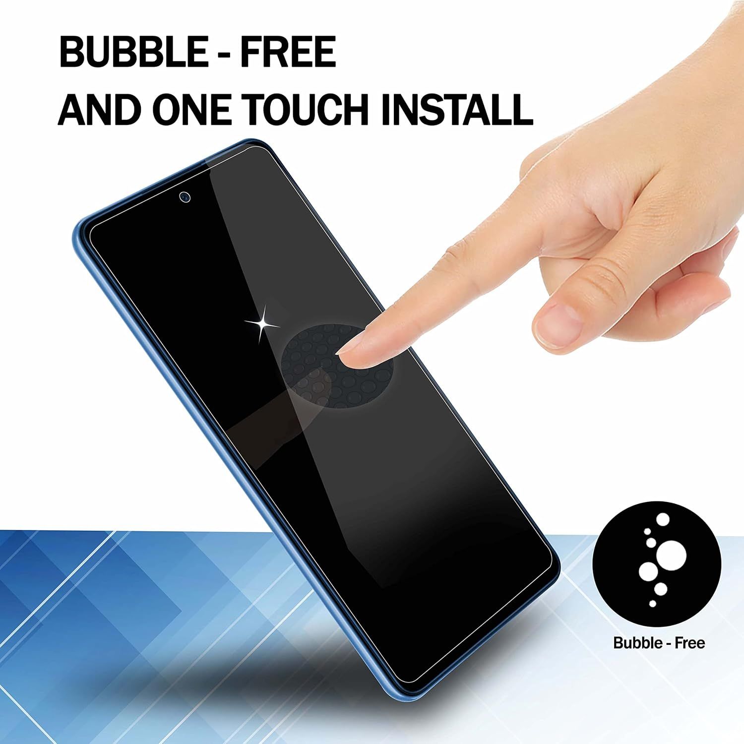 Demonstrates the ease of installation for the screen protector, reassuring shoppers that it can be applied quickly with one touch and without bubbles. Highlights the product's simple one-touch…