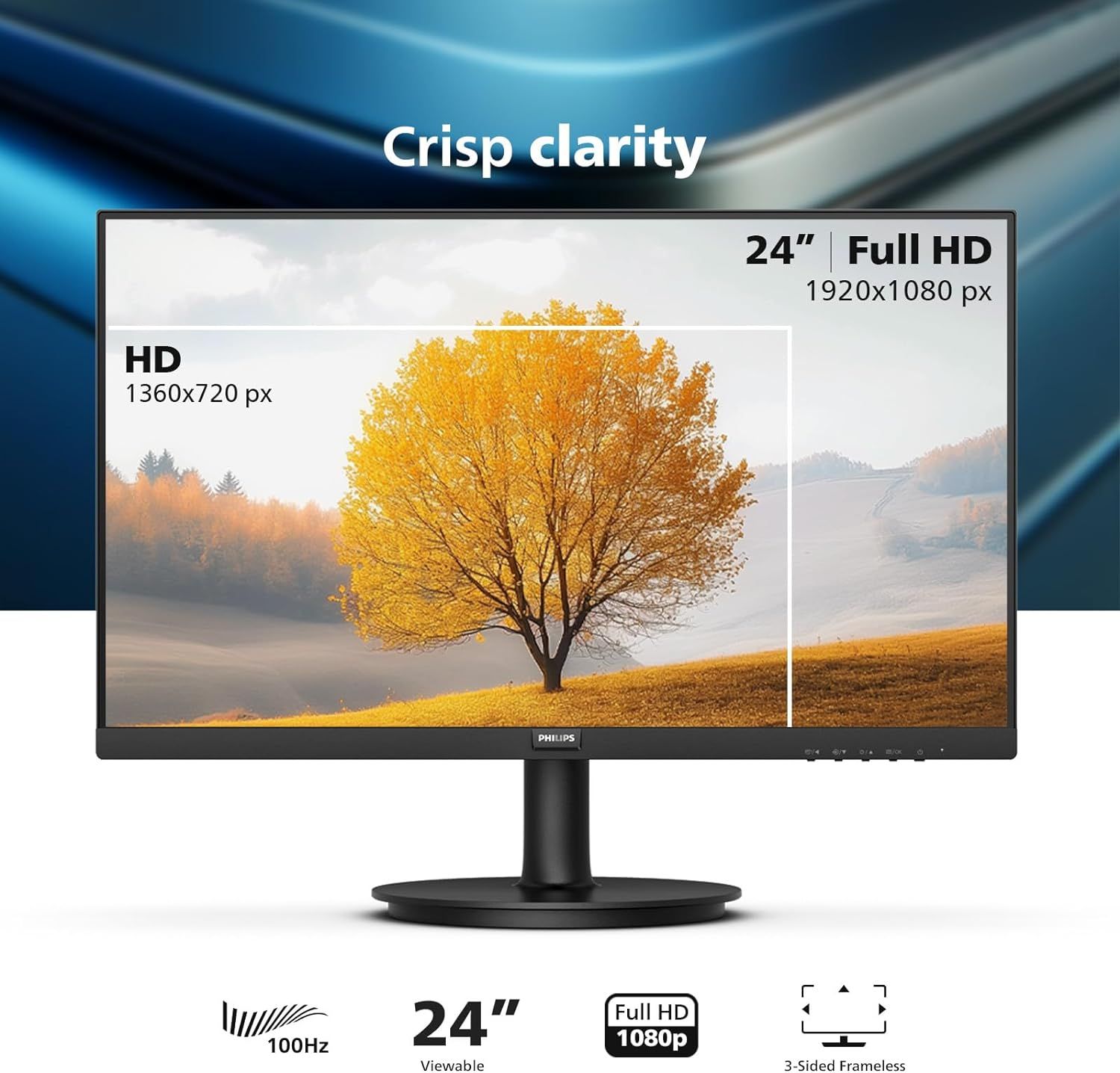 Communicates multiple technical specifications and benefits of the monitor including screen size, resolution quality, refresh rate, and frameless design to help shoppers understand the product's key…
