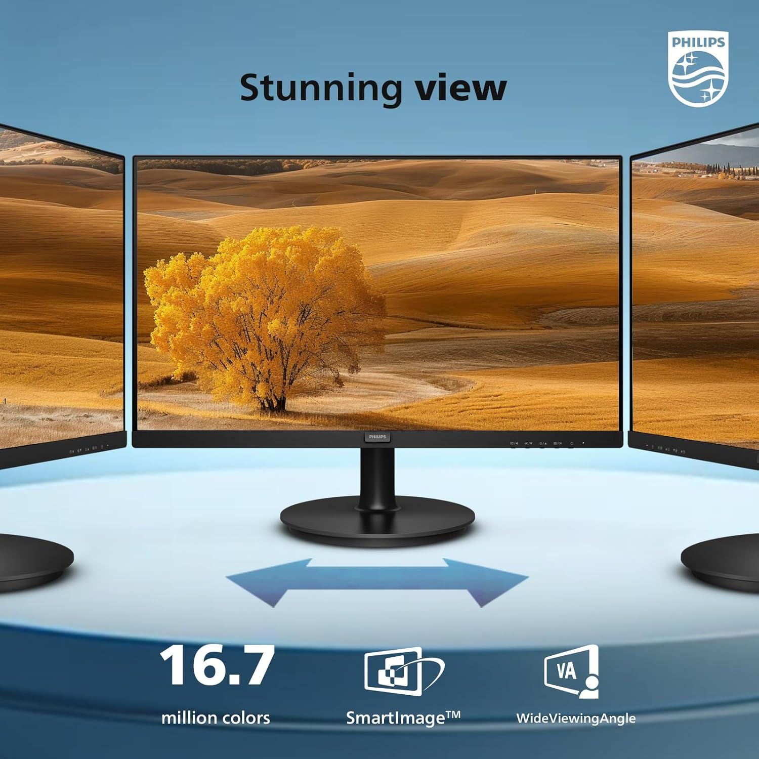 Highlights multiple display features of the Philips monitor to communicate superior visual quality, color accuracy, and viewing flexibility to shoppers.
