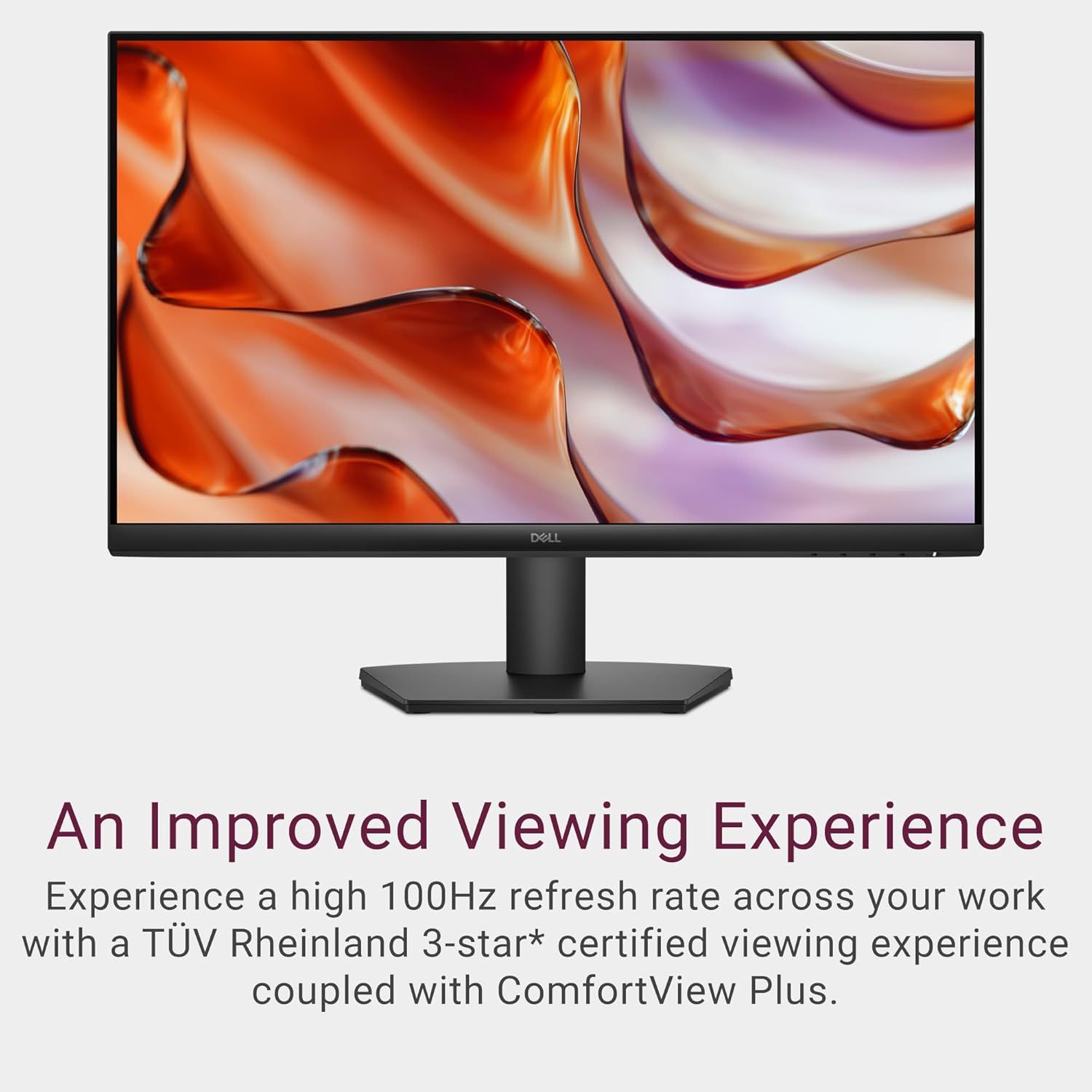 Communicates the monitor's improved viewing experience through a high 100Hz refresh rate and TÜV Rheinland certified comfort features, reassuring shoppers about visual quality and eye comfort during…