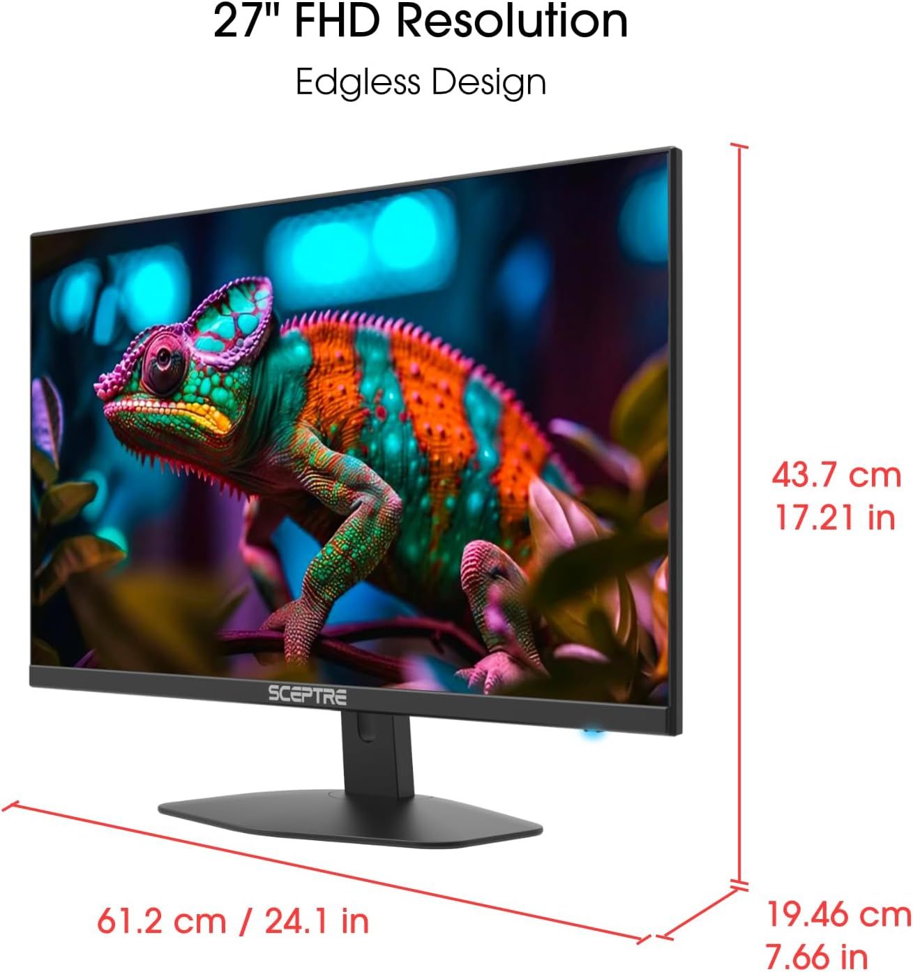 Communicates the exact physical dimensions of the monitor (height, width, depth) and screen size to help shoppers understand how much space it will occupy and whether it fits their setup.