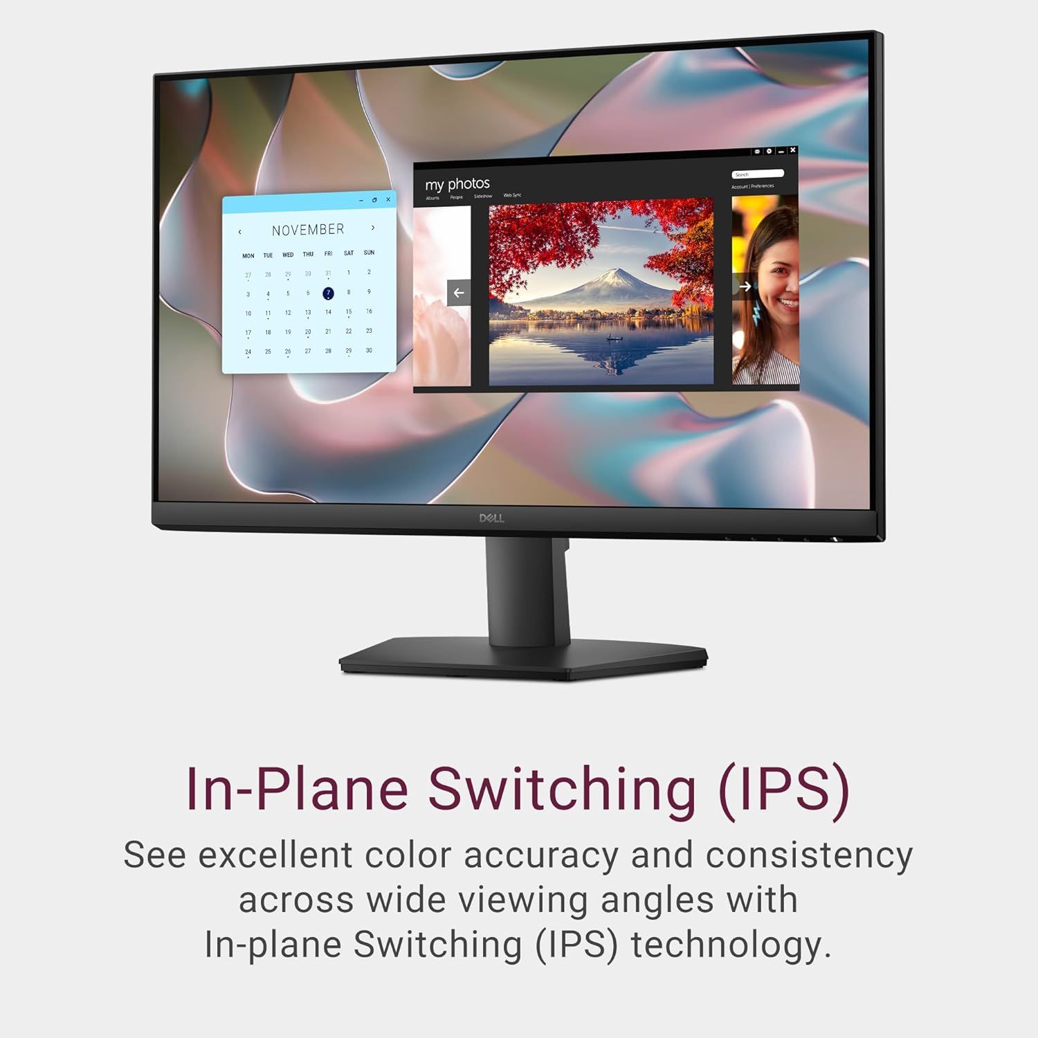Communicates that the monitor uses IPS technology to deliver excellent color accuracy and consistency from wide viewing angles, reassuring shoppers about superior visual quality.