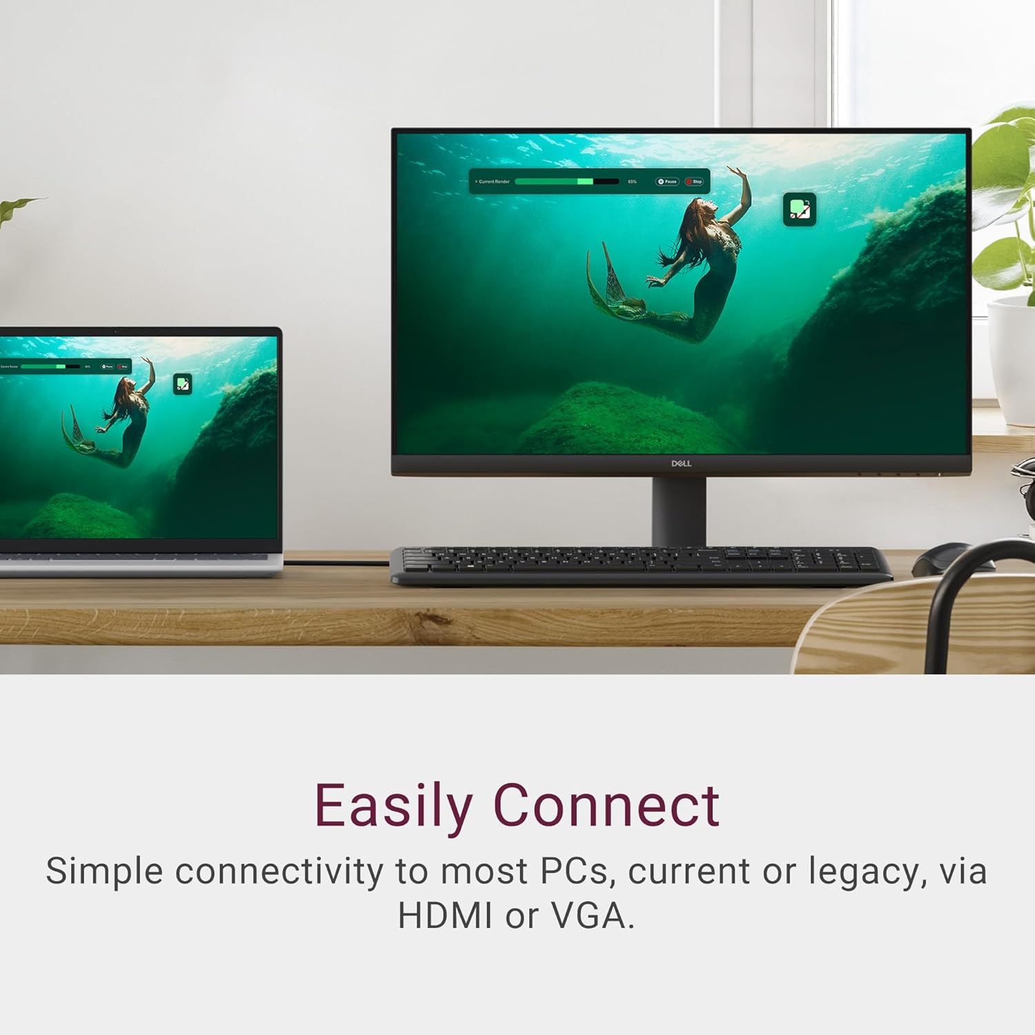 Communicates that the Dell monitor offers simple, versatile connectivity options for both modern and legacy PCs, reassuring shoppers about compatibility and ease of setup.