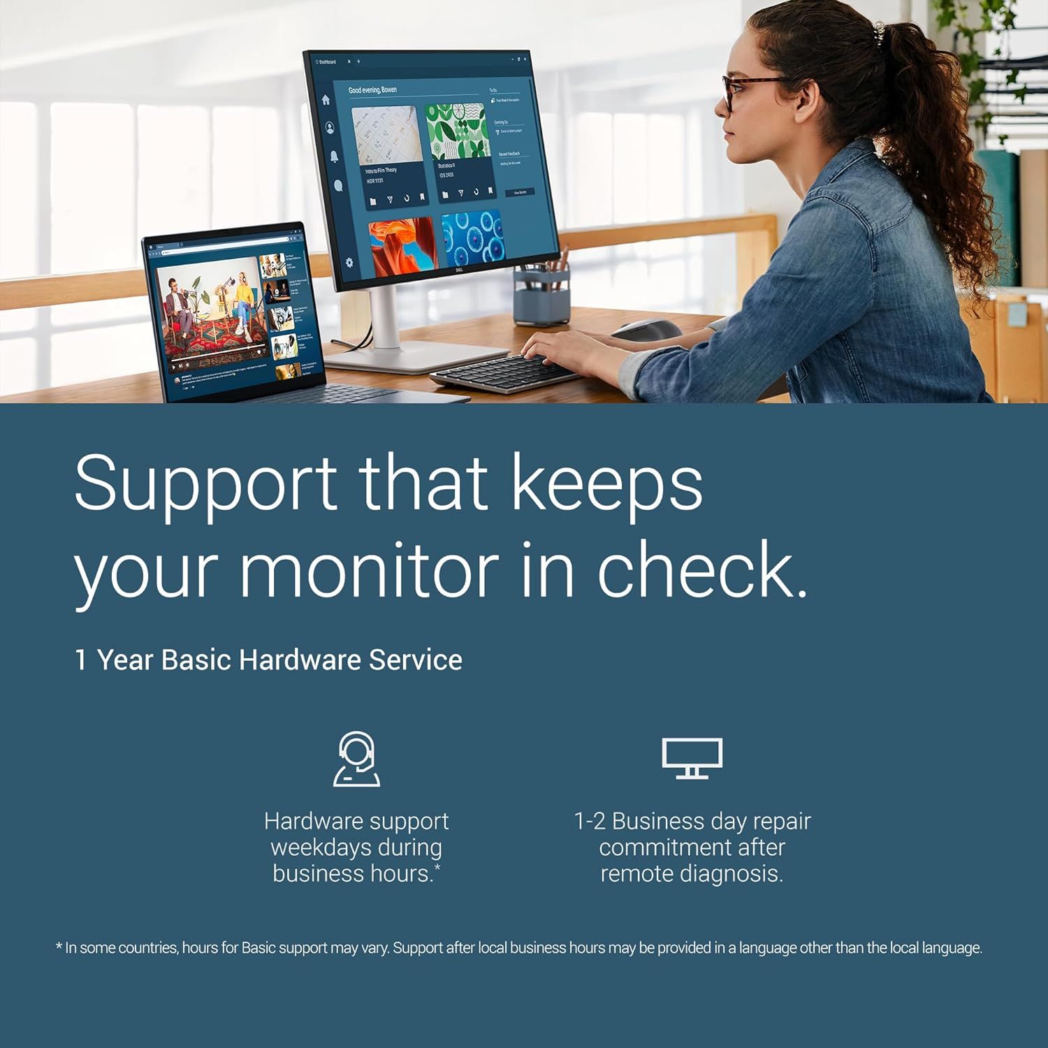 Communicates the included 1-year basic hardware service warranty, reassuring business customers that their monitor investment is protected with support and repair services.