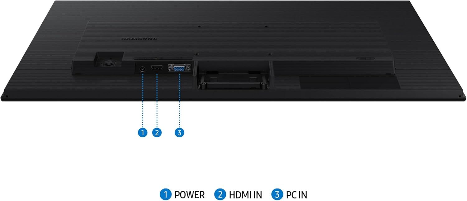 Identifies and labels the key ports and connections on the back of the monitor, helping shoppers understand how to connect power and devices.