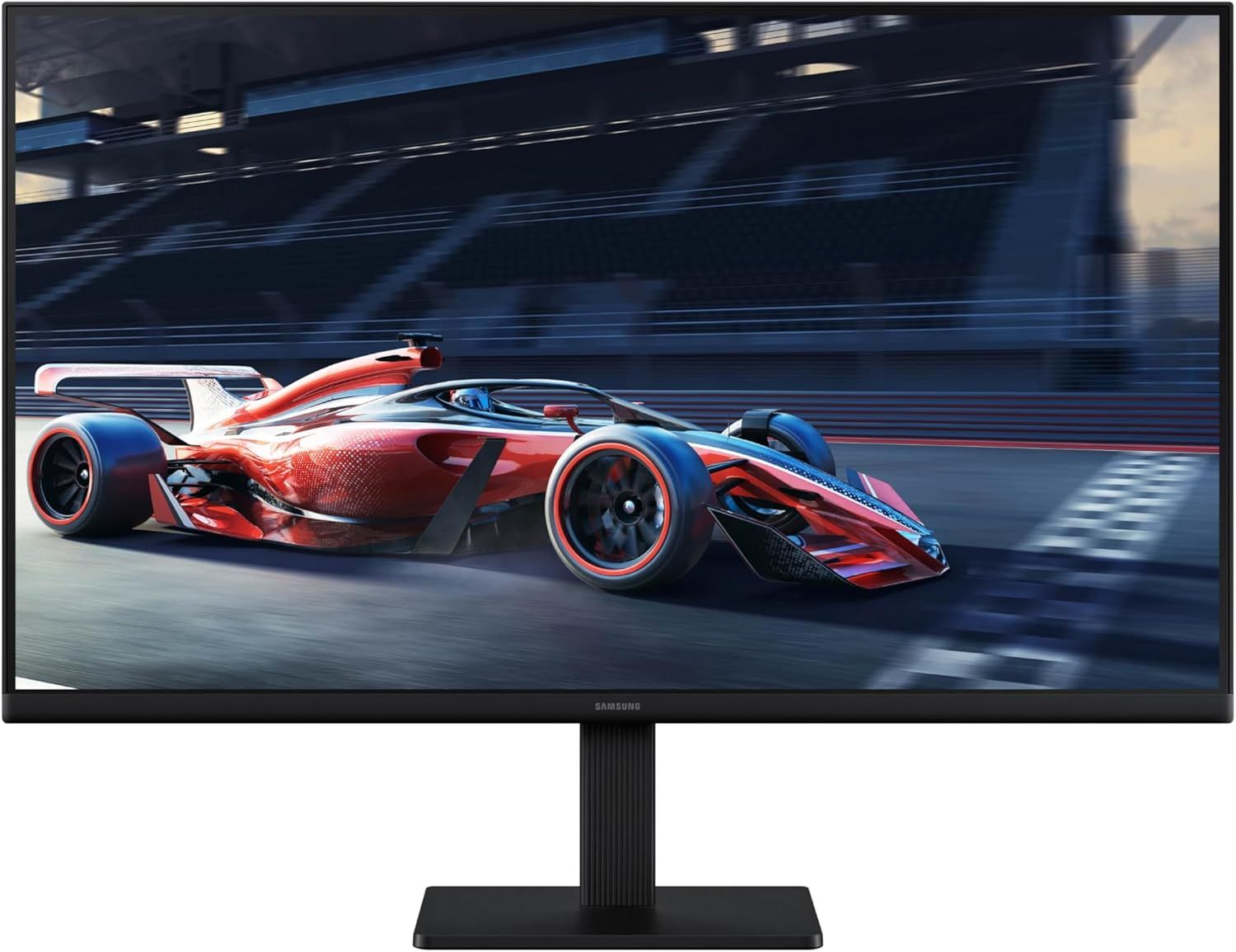 Showcases the monitor displaying high-speed racing content to demonstrate its visual performance and appeal to gaming enthusiasts.