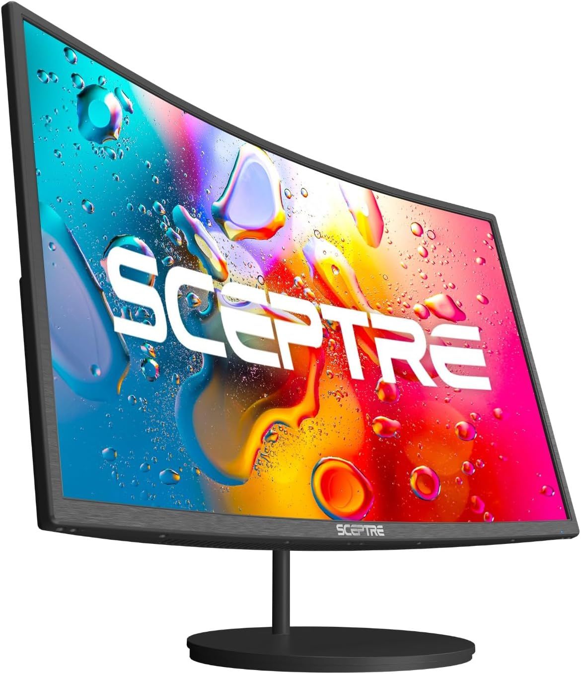 Showcases the SCEPTRE brand name prominently on the monitor display with vibrant visuals to establish brand recognition and visual appeal.