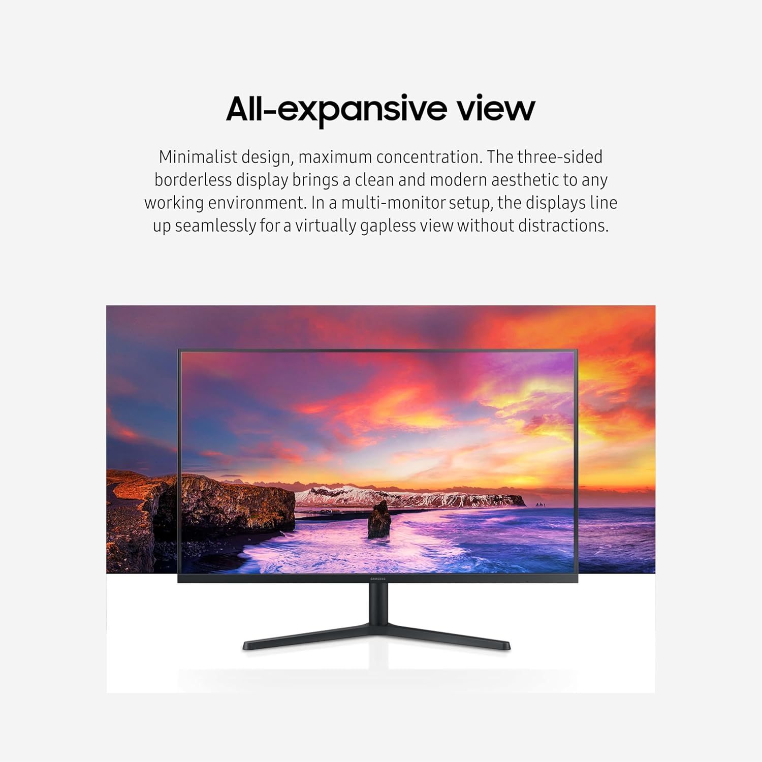 Communicates the monitor's three-sided borderless design and its benefit for creating a seamless, distraction-free multi-monitor setup with a clean aesthetic.