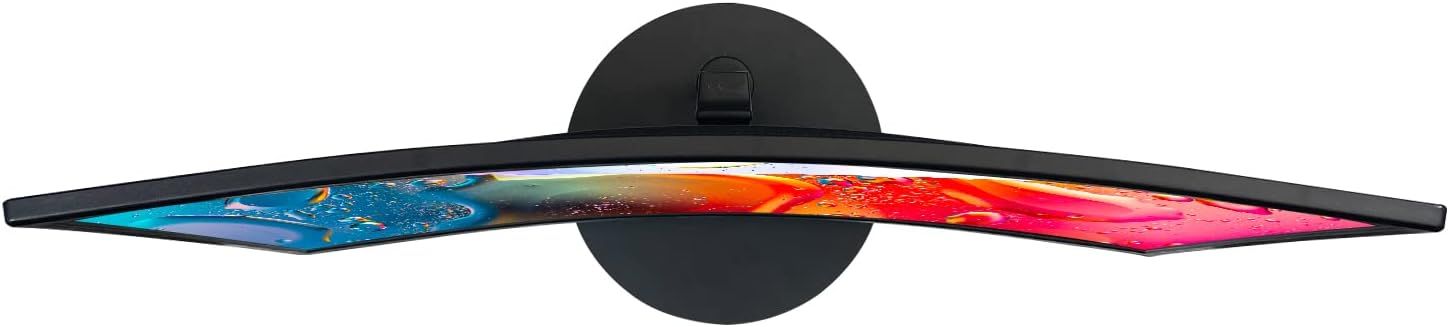 Provides a clean, catalog-style view of the curved monitor from the top angle to show its physical design and display curvature.
