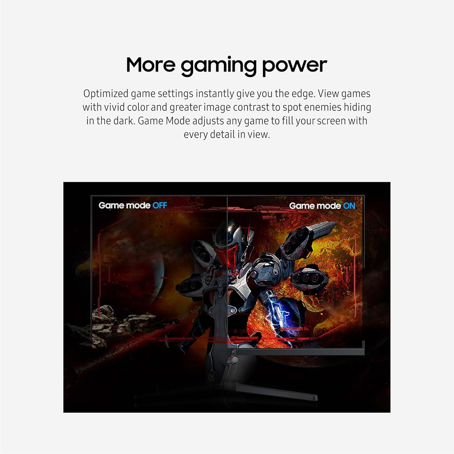 Demonstrates the visual transformation when Game Mode is activated, showing improved color vibrancy and image contrast to help gamers spot enemies more easily and gain a competitive edge.
