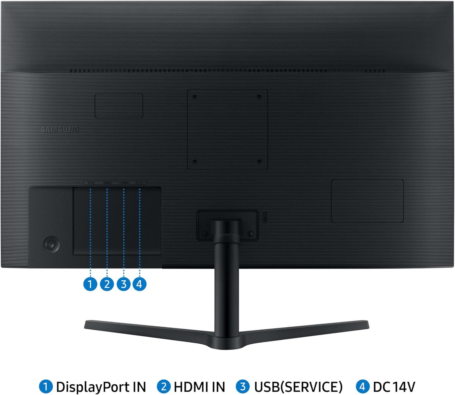 This image identifies and labels the physical ports and connections on the back of the monitor, helping shoppers understand the connectivity options and how to set up the device.