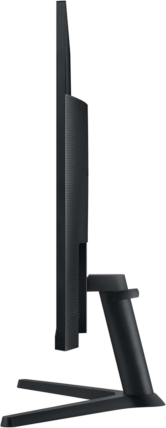 Displays the product's slim profile and stand design from a side angle to help shoppers understand the physical form factor and desk footprint of the monitor.