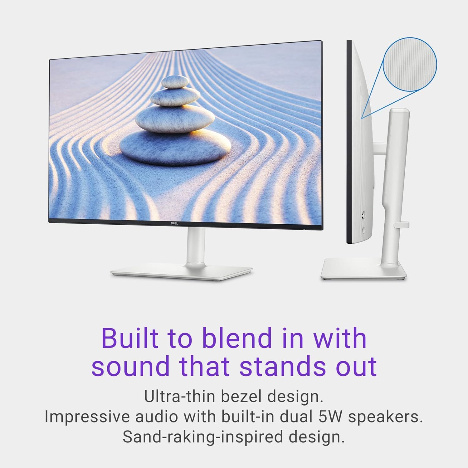 Highlights the monitor's sleek ultra-thin bezel design and impressive built-in audio capabilities to communicate both aesthetic appeal and functional audio performance.