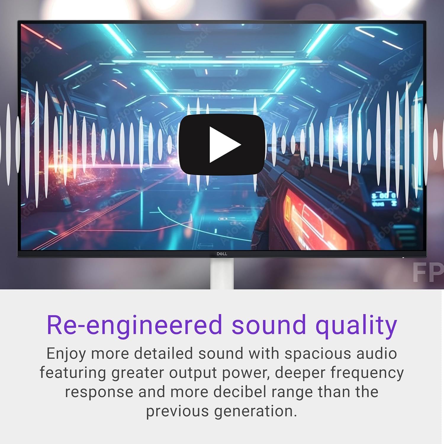 Communicates the monitor's improved audio capabilities with greater output power, deeper frequency response, and wider decibel range to appeal to gamers and multimedia users seeking immersive sound.