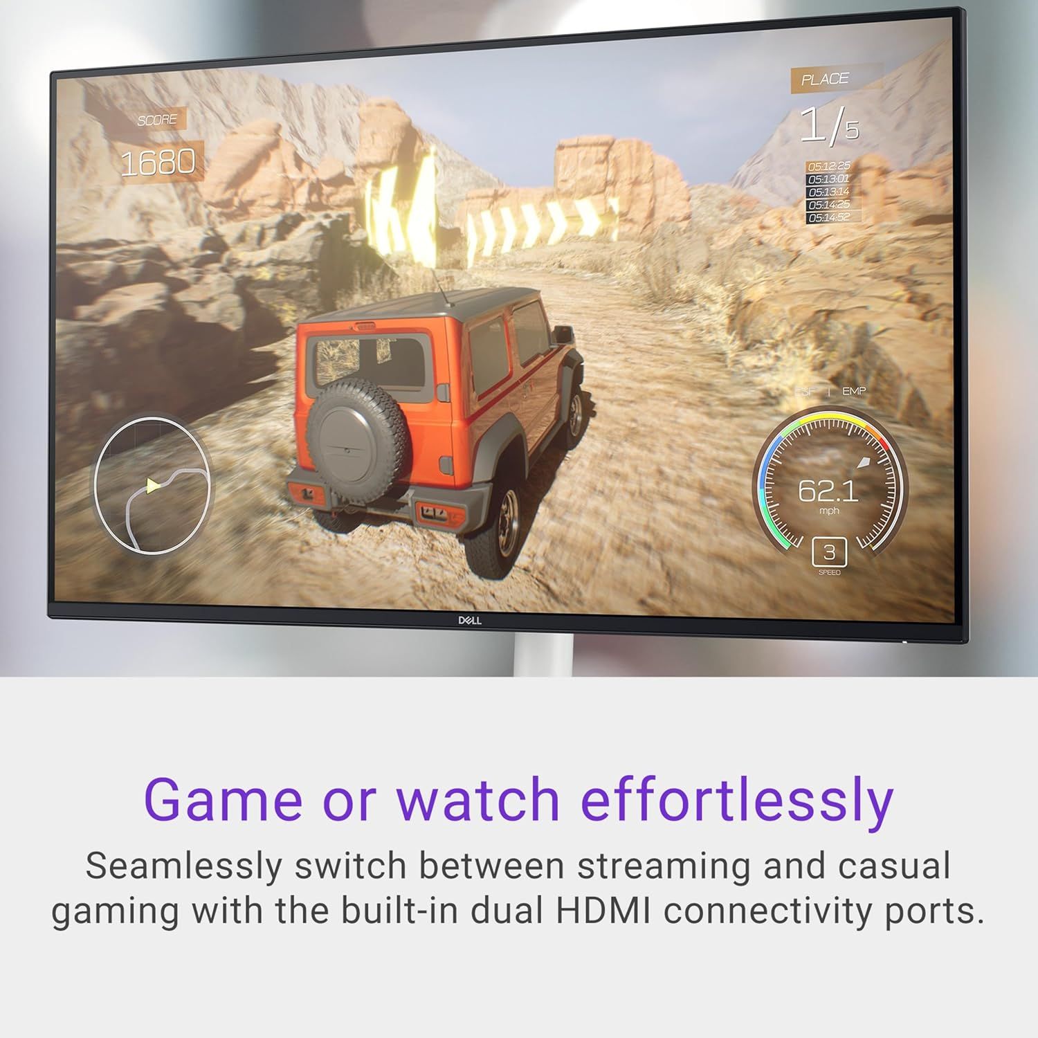 Communicates the monitors versatility with dual HDMI ports, allowing users to seamlessly switch between streaming and gaming without hassle.
