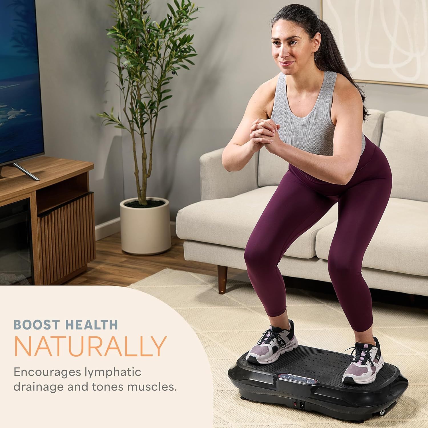 Communicates the health benefits of using the vibration platform, emphasizing natural lymphatic drainage and muscle toning to appeal to wellness-focused shoppers.