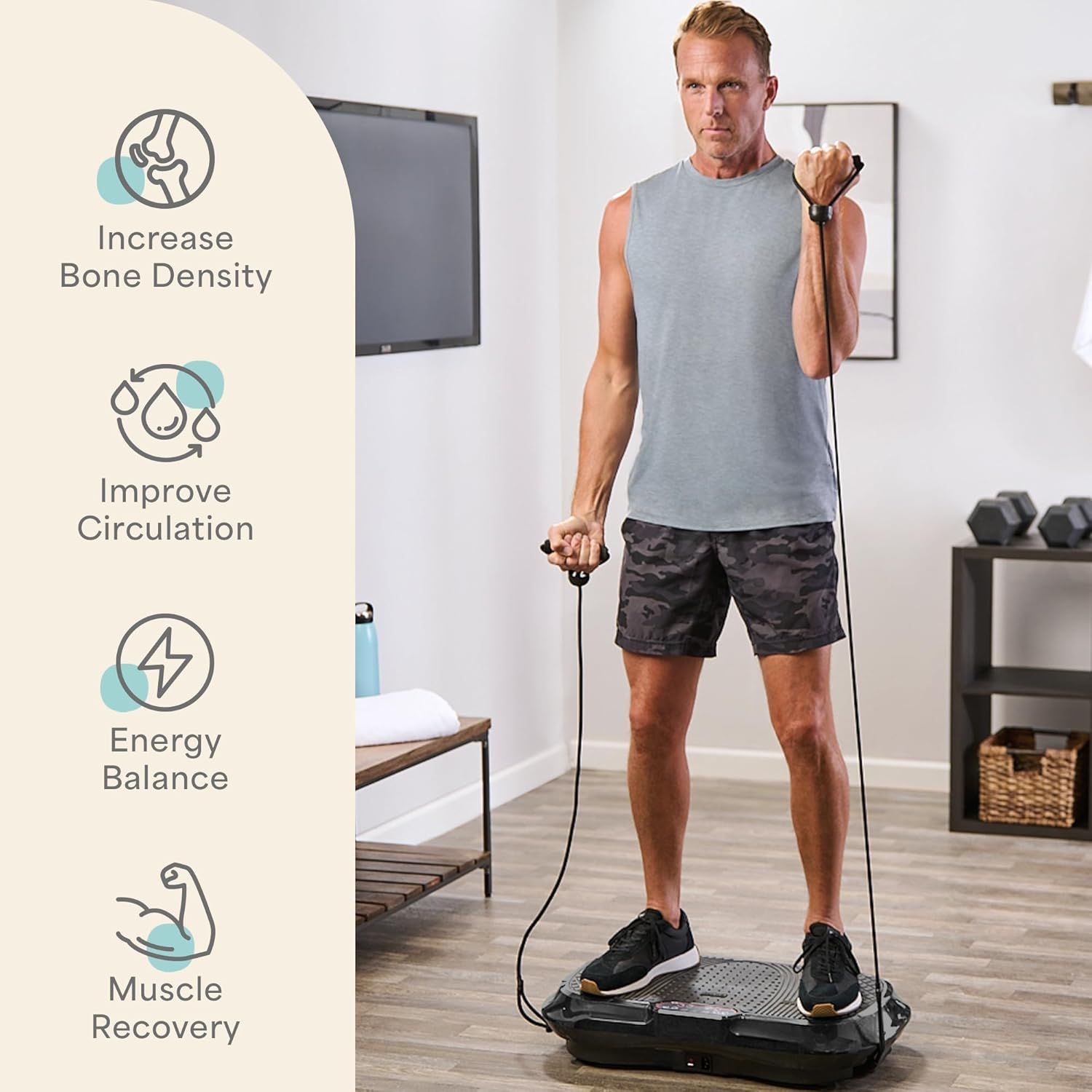 Communicates multiple health and wellness benefits of using the vibration plate, reassuring shoppers of its comprehensive fitness value.