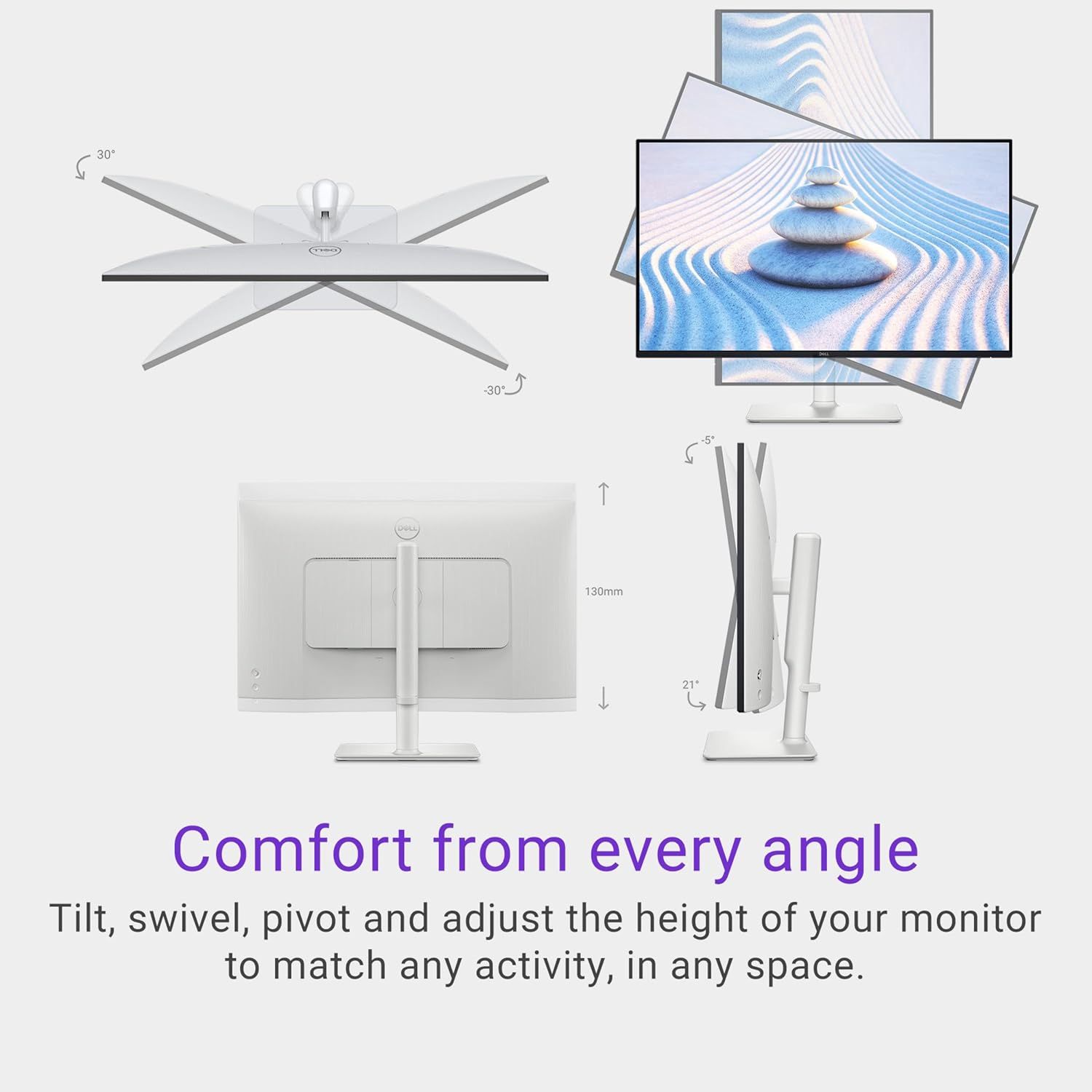 Demonstrates the monitor's full range of ergonomic adjustments (tilt, swivel, pivot, height) to reassure shoppers that they can customize viewing angles for comfort in any workspace. Communicates…