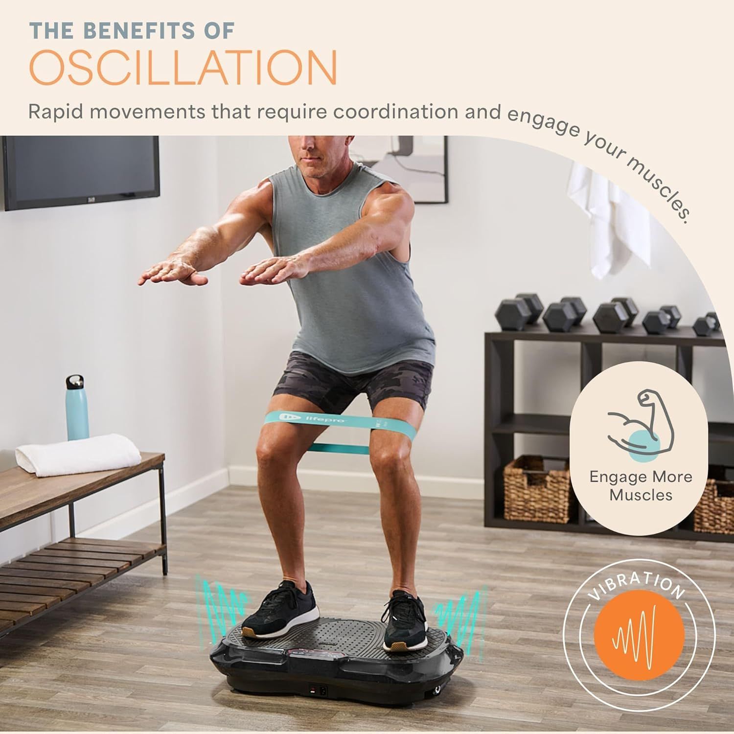 Communicates the key benefit of oscillation technology—rapid movements that engage and coordinate muscles during vibration platform workouts.