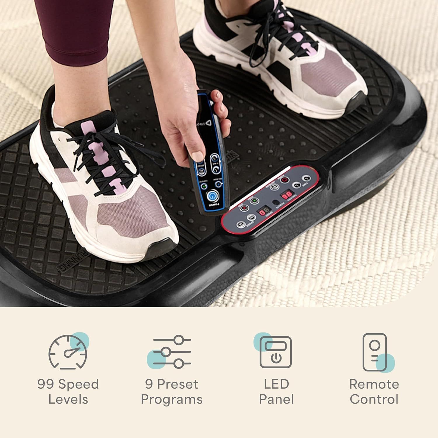 Communicates the vibration platform's versatility and ease of use by highlighting multiple key features: extensive speed customization, preset workout programs, user-friendly LED control panel, and…